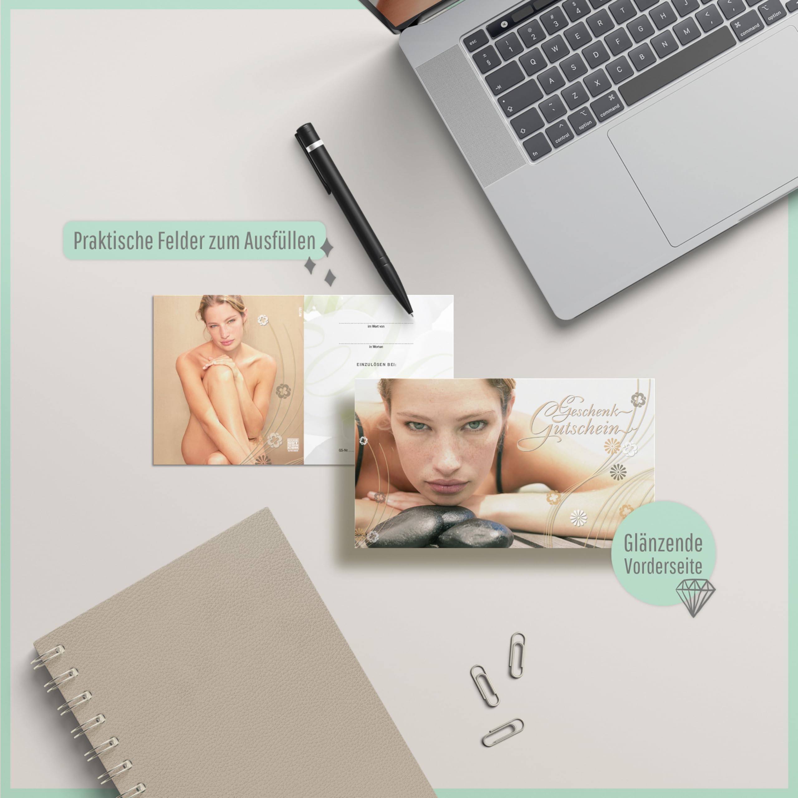 GESCHENKGUTSCHEINcom - 50 Gutscheine mit Umschlag/Schleife für Kosmetikinstitut Kosmetik Wellness - Geschenkgutschein-Vordruck blanko MA1701-2-50