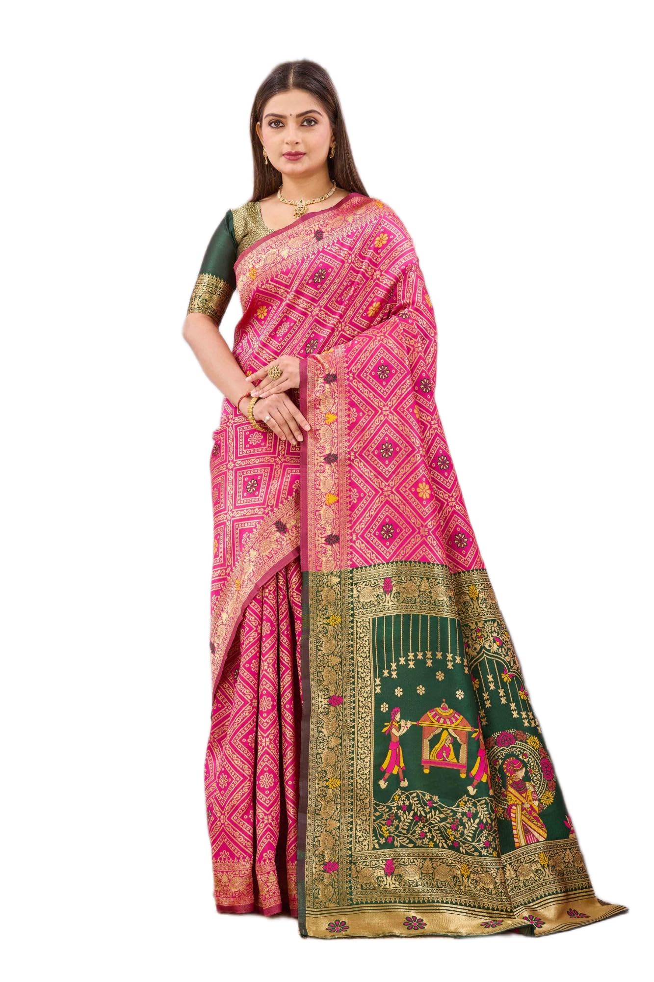 bulldozer Womens Cotton Silk Saree Featuring Raja Rani Royal Procession Motifs with Royal Palanquin and Elephant Design With Blouse 5.5 Meter Saree with 0.8 Meter Unstitched Blouse-picture-38