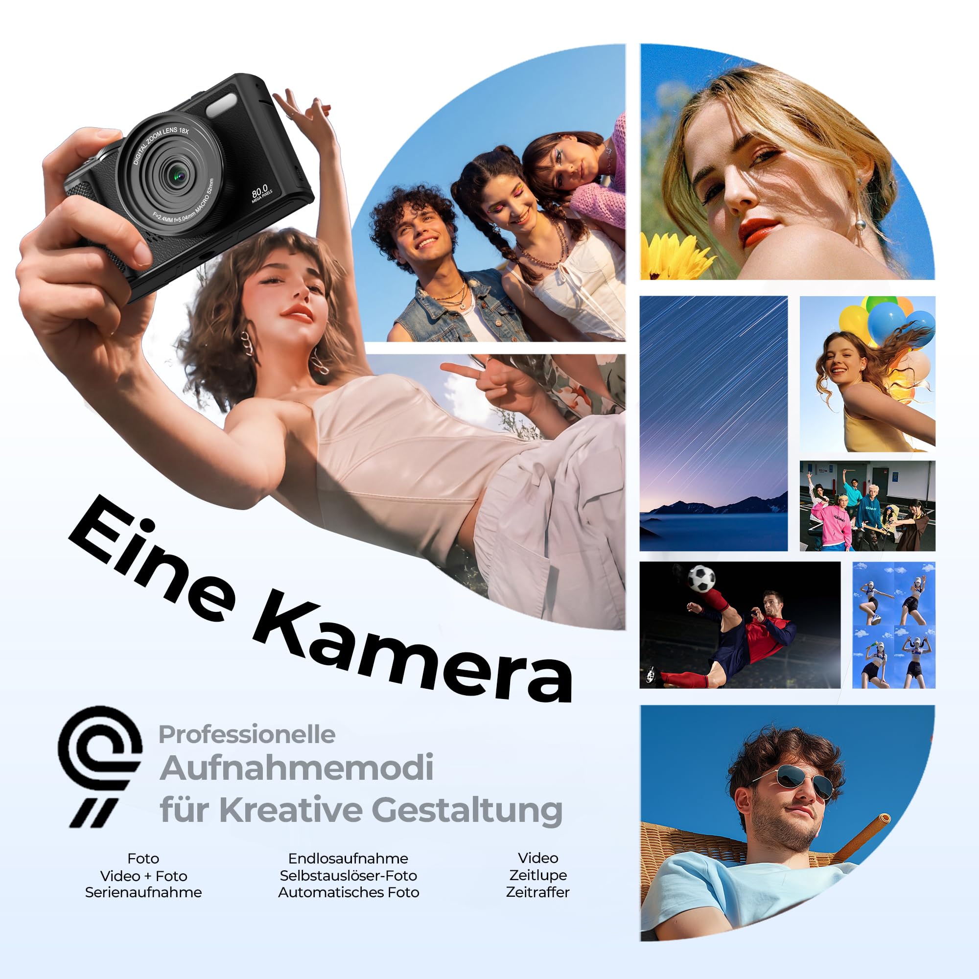 5K WiFi Digitalkamera & Fotokamera 80 MP, Vlogging Kamera für YouTube mit Autofokus, 3" 180° Klappbildschirm, 18X Digitalzoom Reisekamera für Anfänger & Jugendliche, mit 64GB SpeicherKarte & 2 Akkus