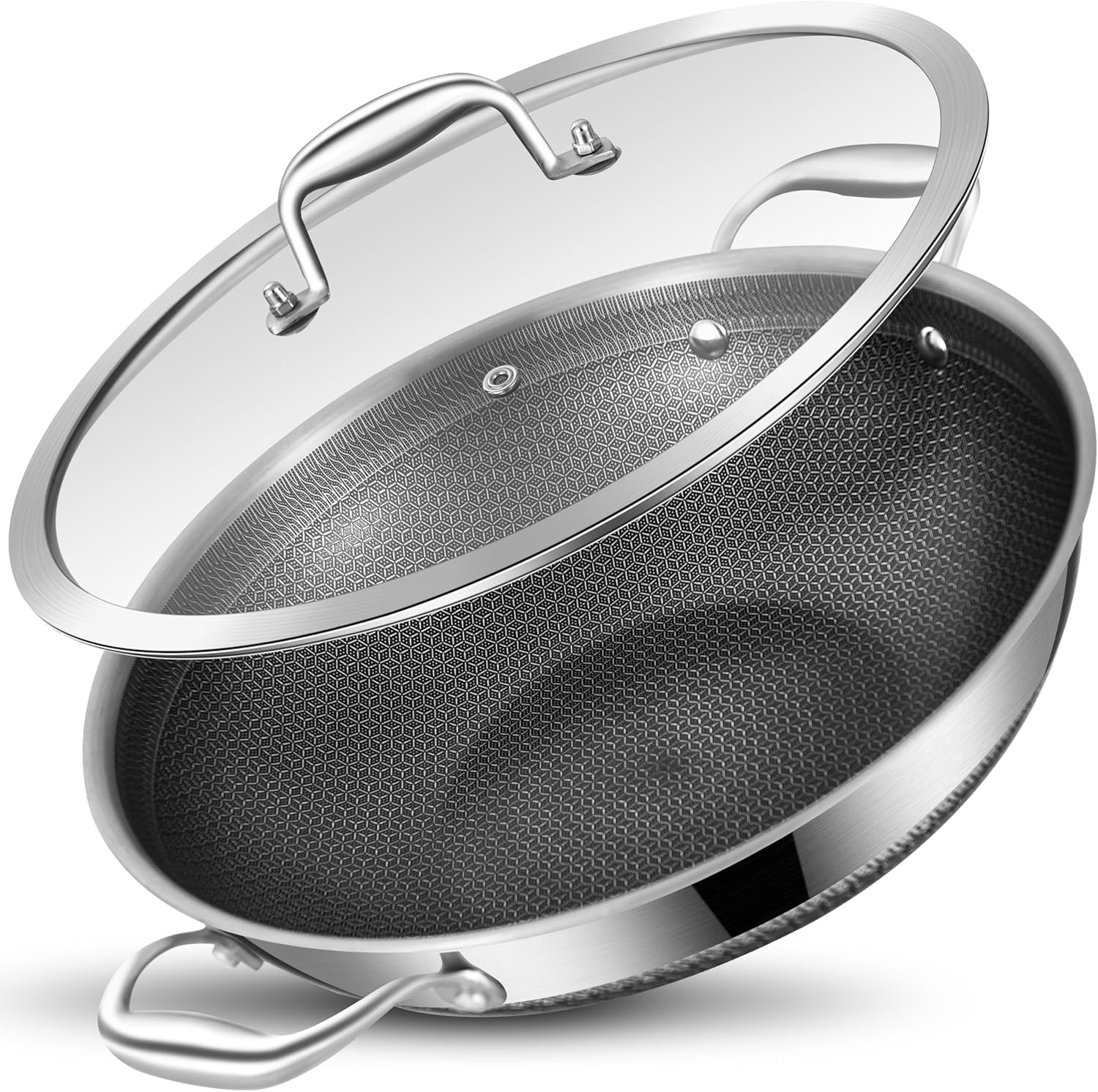 LOLYKITCH 33.5 CM Hybrid Tri-Ply Stainless Steel Wok Pan with Lid, Ceramic Non Stick Stir-Fry Pan, Induction Cooking Pot, Oven Safe (Double Handle)