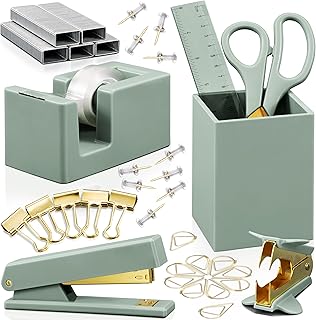 Aesthetic Desk Accessories Set - A Complete Desktop Organizer Set For Women Enhances Any Office Decor - An Office Supplies Kit w Gold Finish incl. Pen Holder, Scissors, Stapler, Tape Dispenser & More