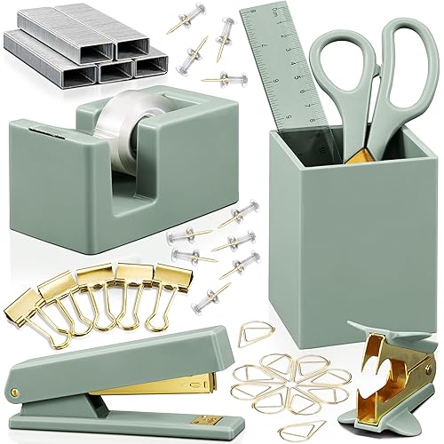 Aesthetic Desk Accessories Set - A Complete Desktop Organizer Set For Women Enhances Any Office Decor - An Office Supplies Kit w Gold Finish incl. Pen Holder, Scissors, Stapler, Tape Dispenser & More