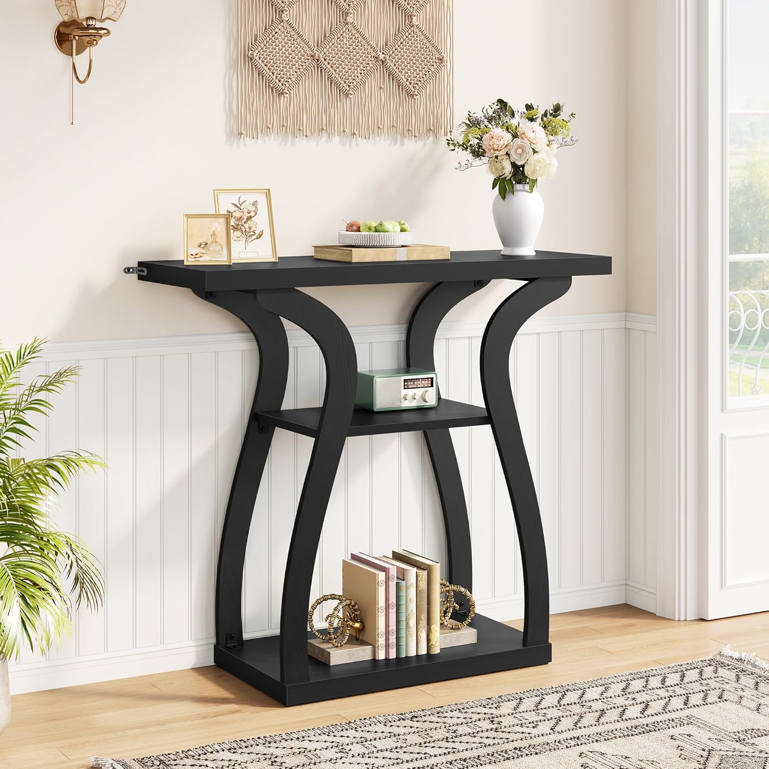 Tajsoon 31.5" Farmhouse Console Table for Entryway, 3-Tier Wood Entryway Table with Storage, Rustic Sofa Table Behind Couch Table for Living Room, Hallway, Foyer, Black