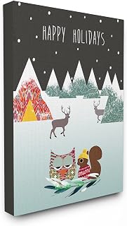 The Stupell Home Decor Collection Happy Holidays with Owl and Chipmunk Stretched Canvas Wall Art