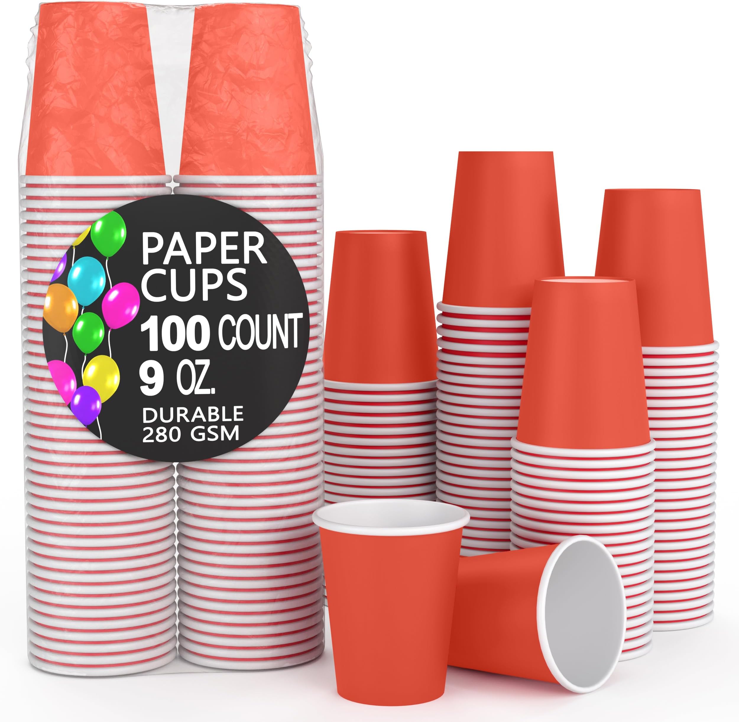 Exquisite Party Solids Red Paper Cups 9 oz Durable Disposable Cups 100 Paper Tumblers for Hot Drinks and Cold Drinks Thick 280 GSM Hot Cup for Tea & Coffee Cup To Go Fun Colors for Parties & Events