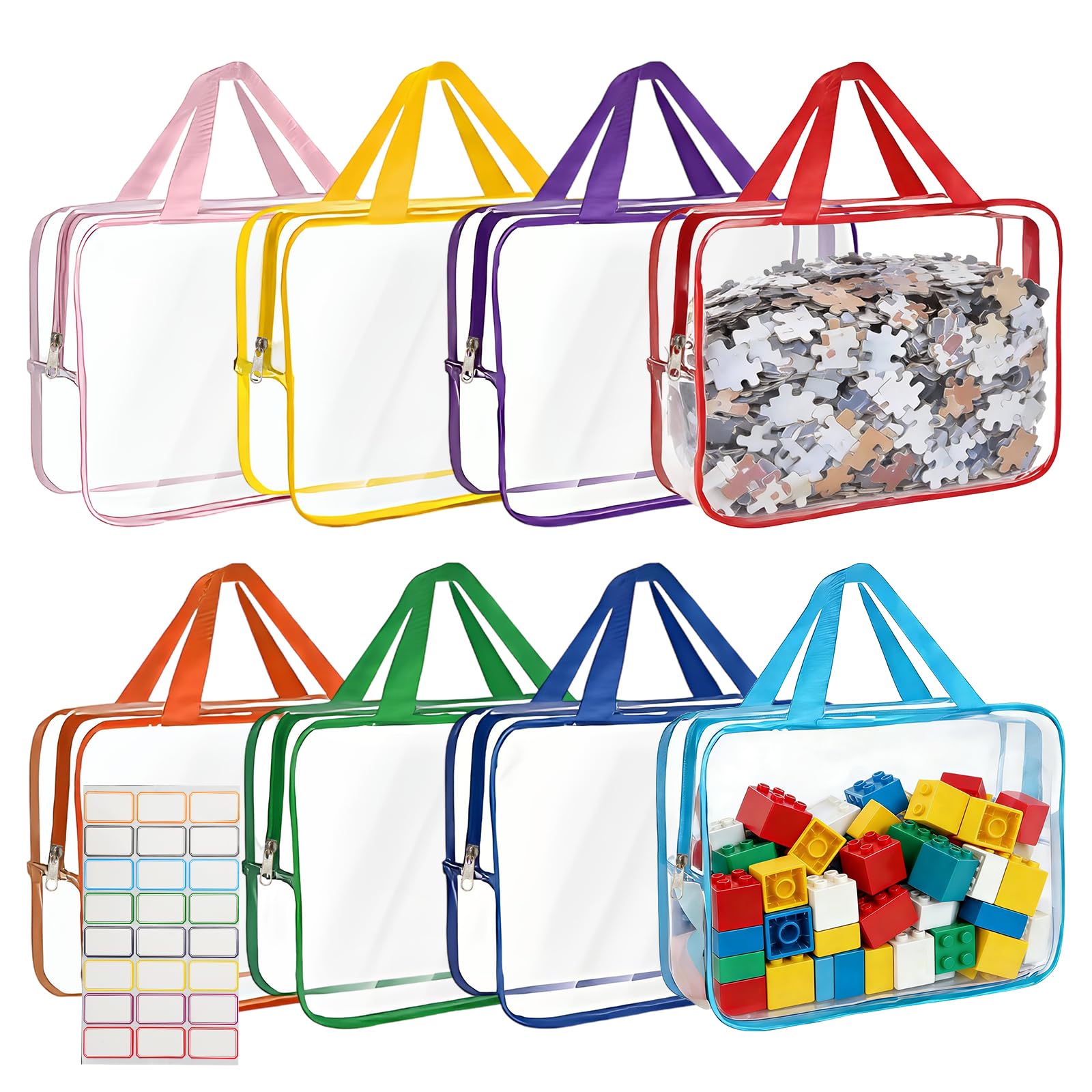 8 Sacchetti Portaoggetti per Giocattoli con Manici ed Etichette | 30 x 22 x 10 cm, Impermeabile in PVC Giocattolo con Cerniera, Borse Trasparenti da Viaggio