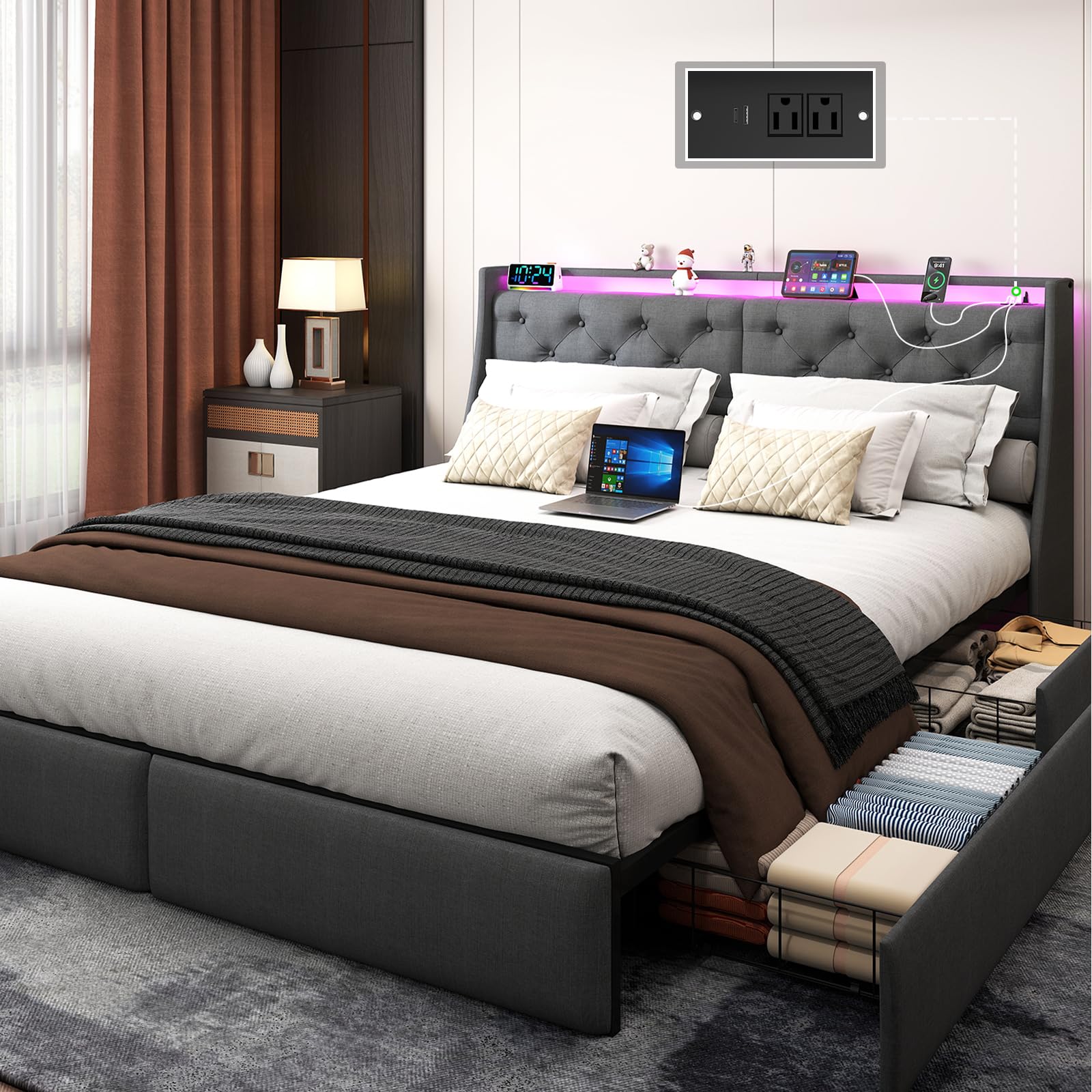 Doltoro King Size Platform Bed Frame with 4 Storage Drawers and LED Headboard, Upholstered King Metal Bed with Charging Station, No Box Spring Needed,
