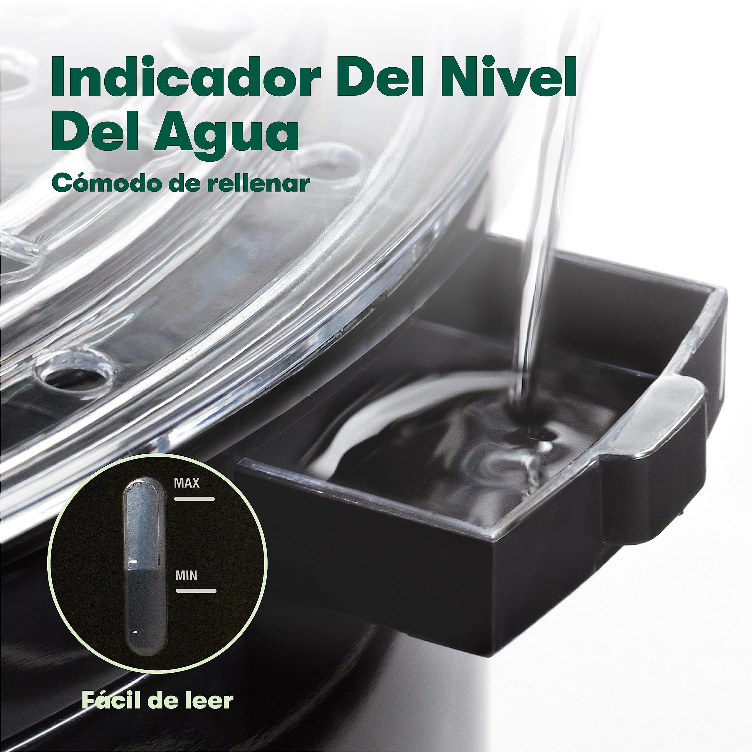bella Vaporera de dos niveles con cestas apilables y base extraíble para una cocción rápida y simultánea. Apagado automático y protección contra ebullición en seco, 7 l, color negro.