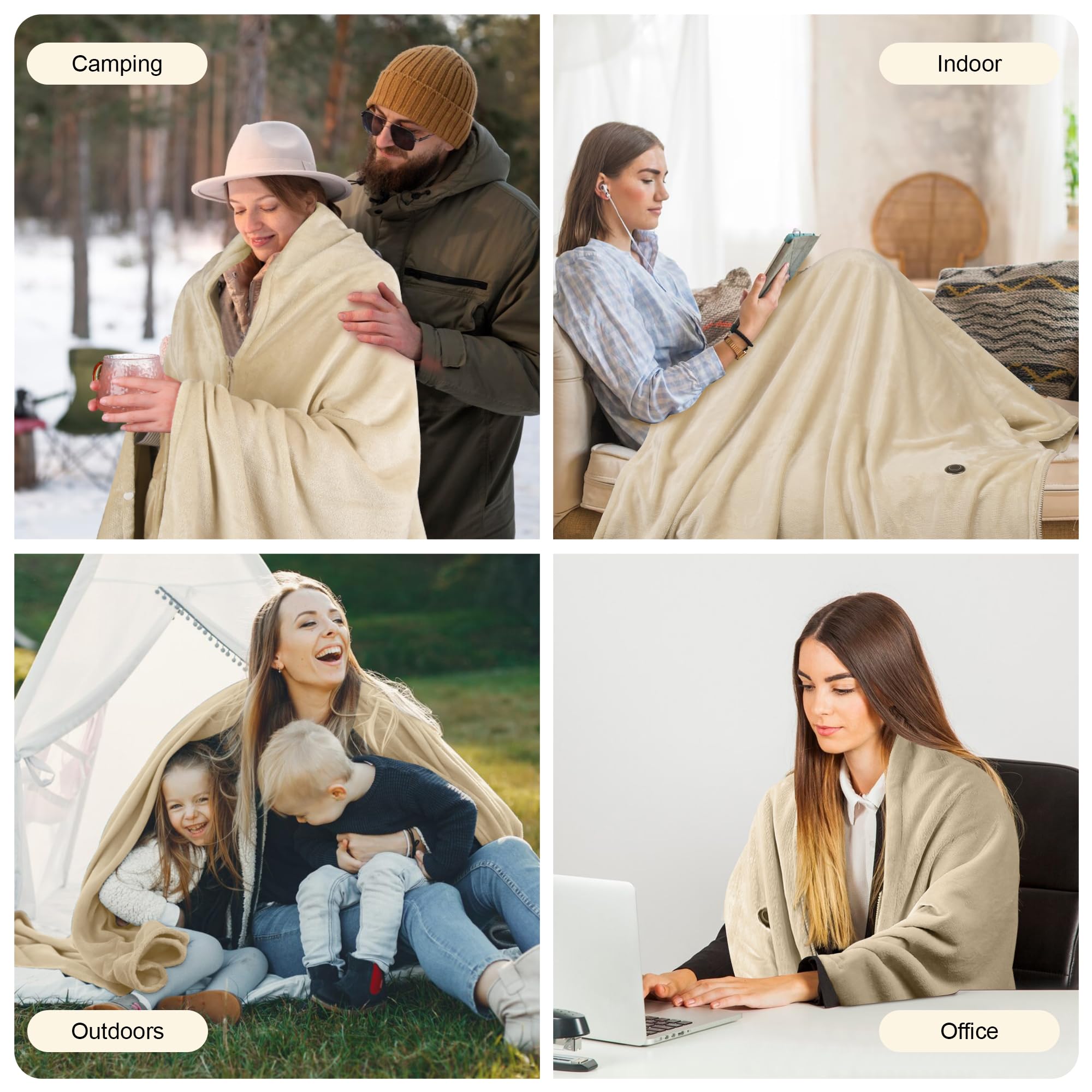 Heizdecke Kabellos mit 10000mAh Akku, 160x90cm Elektrische Flanell Wärmedecke Tragbar für Damen & Herren, 3-Stufen-Heizung, Waschbar für Zuhause, Büro, Camping, Khaki