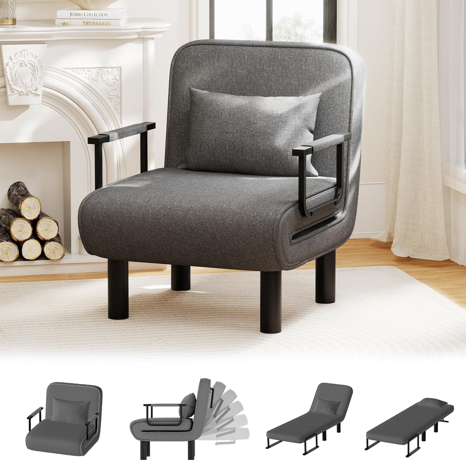 Schlafsessel 4 in 1 mit Bettfunktion, Gästebettfür, Schlafsofa mit Bettfunktion, Sessel mit Schlaffunktion mit Verstellbar Rückenlehne für Schlafzimmer Wohnzimmer Balkon, Dunkelgrau