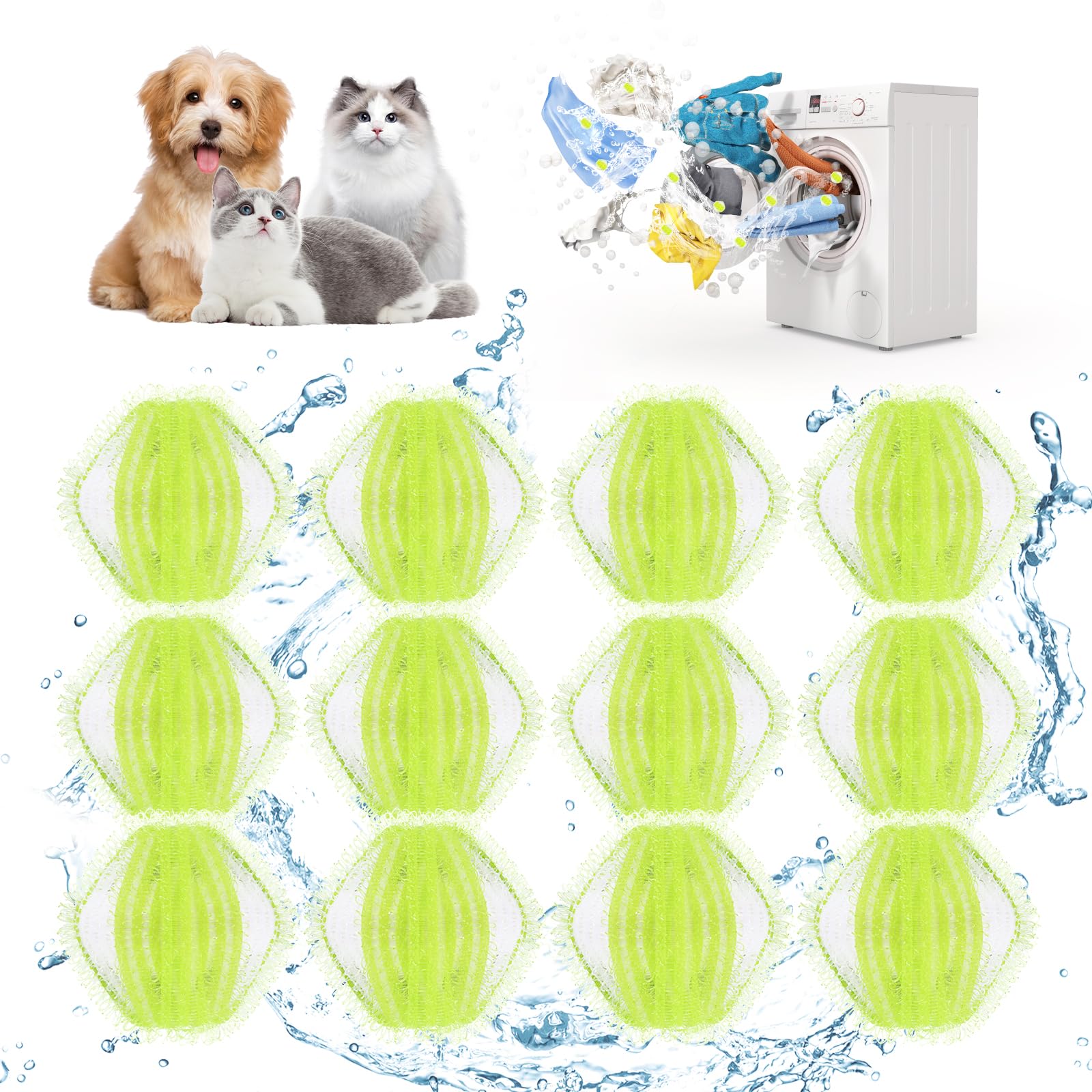RISVOWO 12 Piezas Atrapa Pelos Lavadora, Bolas Atrapa Pelos Lavadora, Reutilizable Bolas Atrapa Pelos Lavadora, Quita Pelos Mascota para Eliminar el Pelo de Las Mascotas en la Lavadora (Verde)