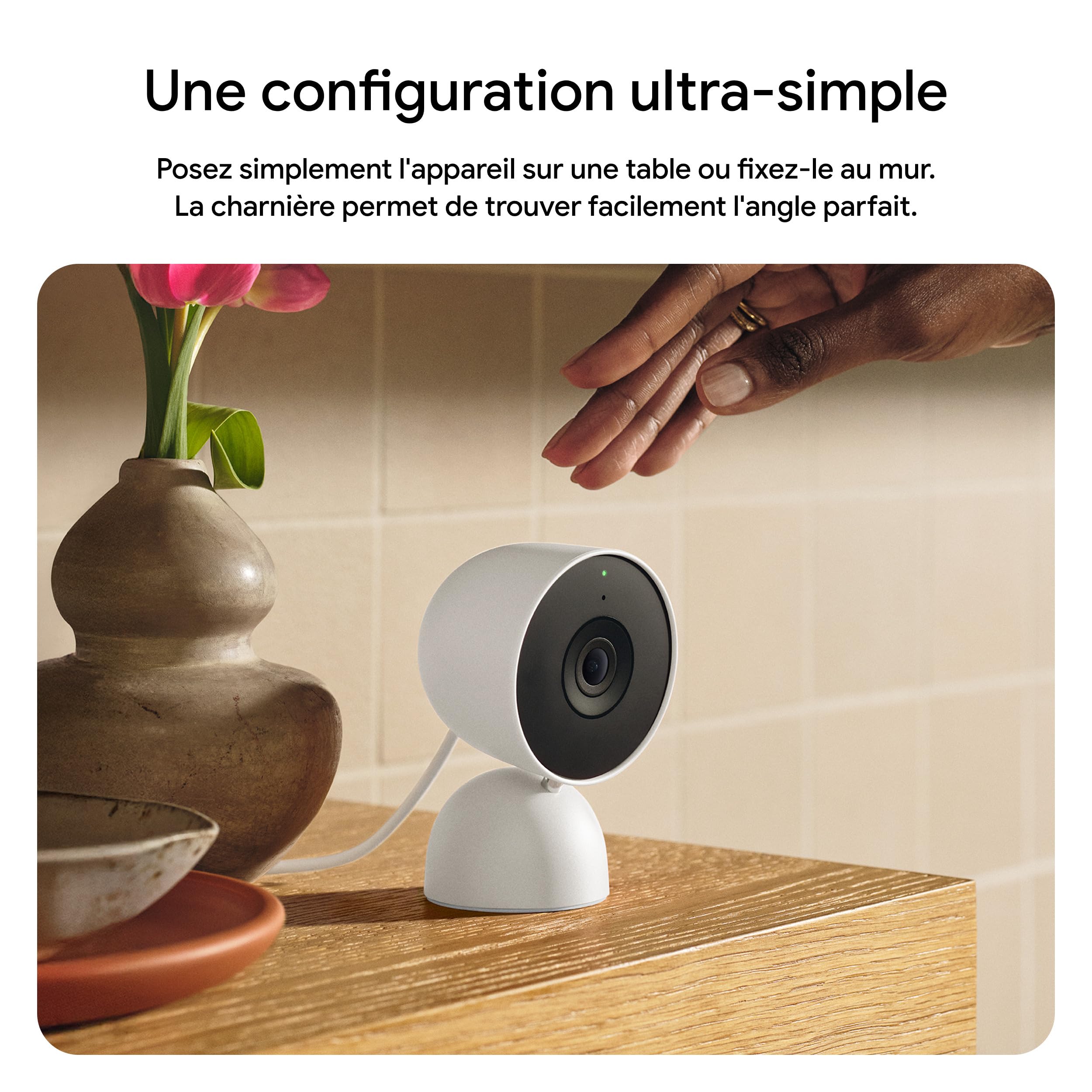 Google Nest Cam Intérieur (Filaire, 3e génération) - Caméra de sécurité intérieure avec vidéo 2K - Fonctionne avec Google Home - Neige