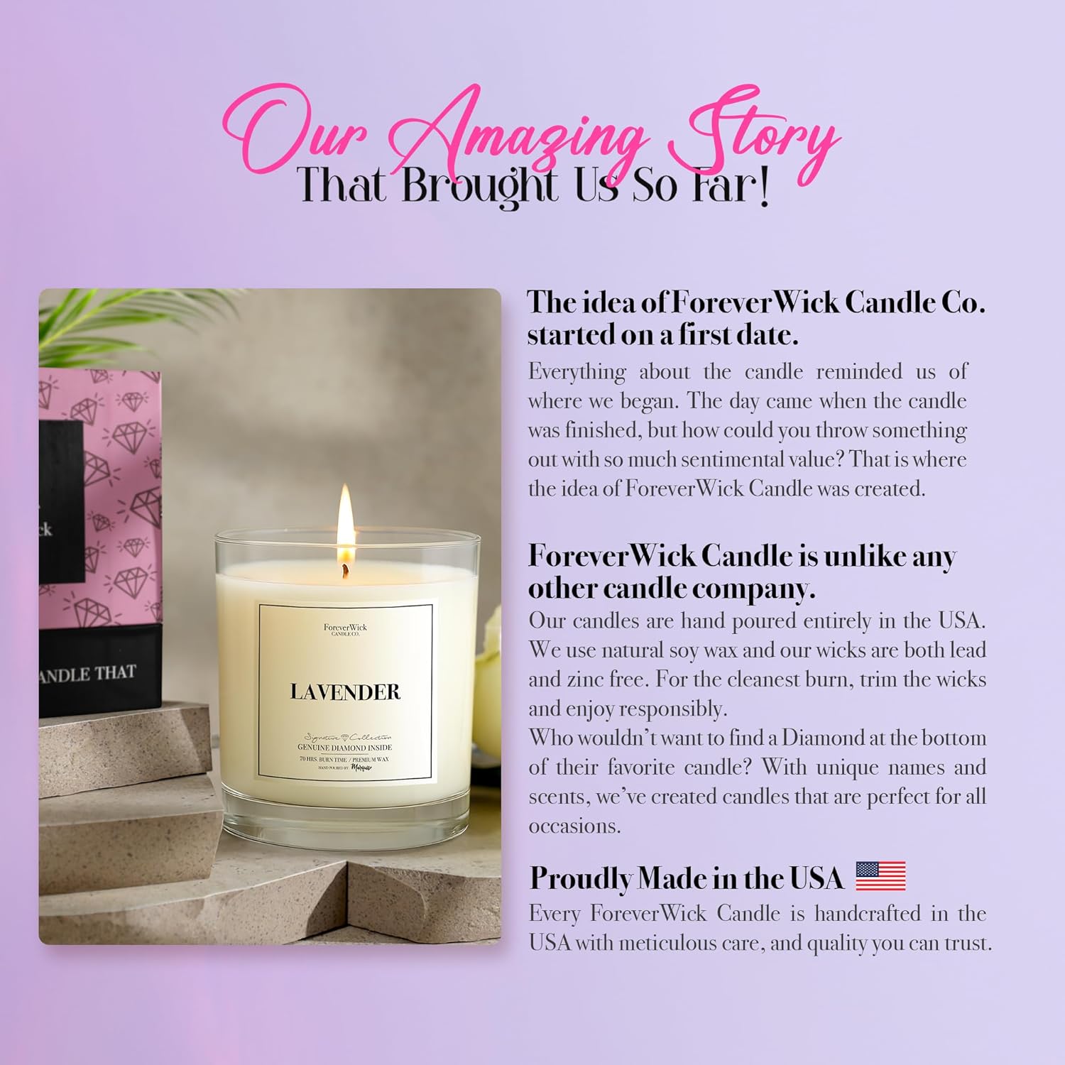 Lavender & Magnolia Surprise Candle with Diamond Inside | Foreverwick Candles | Scented Soy Candles Gifts for Women Aromatherapy Candle Wax | Romance Candles All-Natural Organic Soy Candle 14oz | 70h