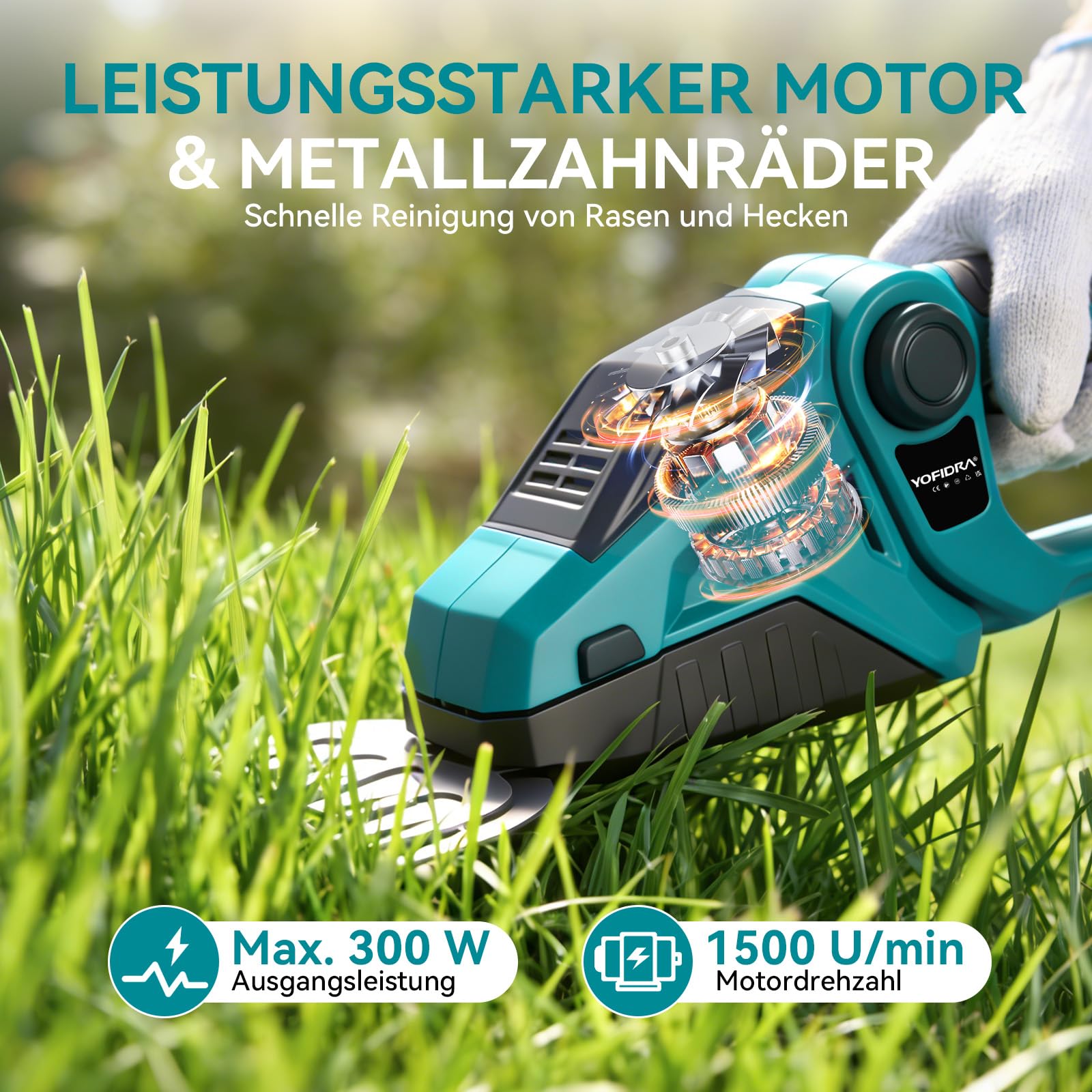 Yofidra Akku Heckenschere & Grasschere, 2-in-1 Gras und strauchschere mit 2x2.0Ah Akku, Bürstenloser Motor, Heckenschere Elektrische 90° Verstellbarer Kopf für Garten und Hecken