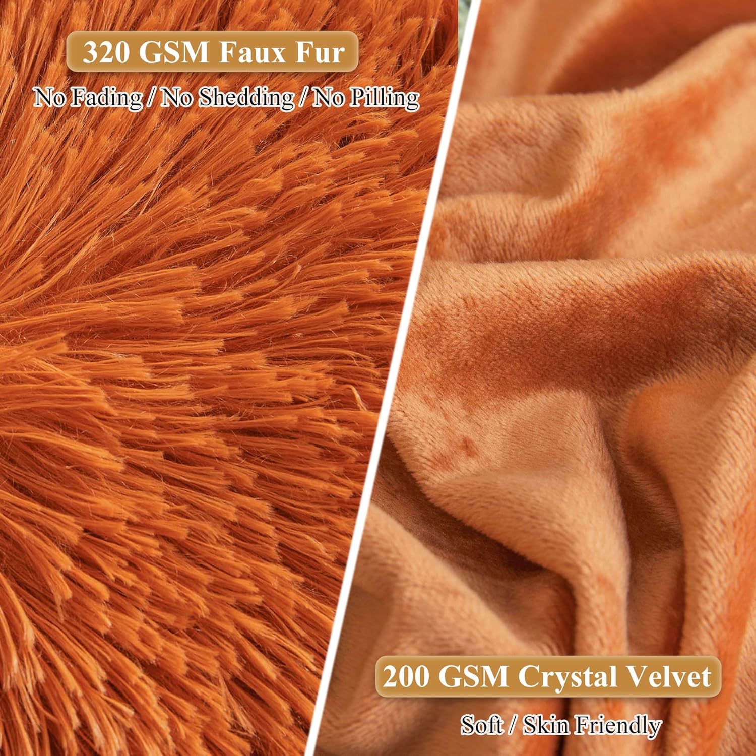 XeGe Faux Fur Fluffy Pillow Cases, Plush Shaggy Pillow Shams, Ultra Soft Furry Pillow Covers, Velvet Fuzzy Decorative Pillowcases for Bed Couch Sofa Zipper Closure, Set of 2 (King, Burnt Orange)
