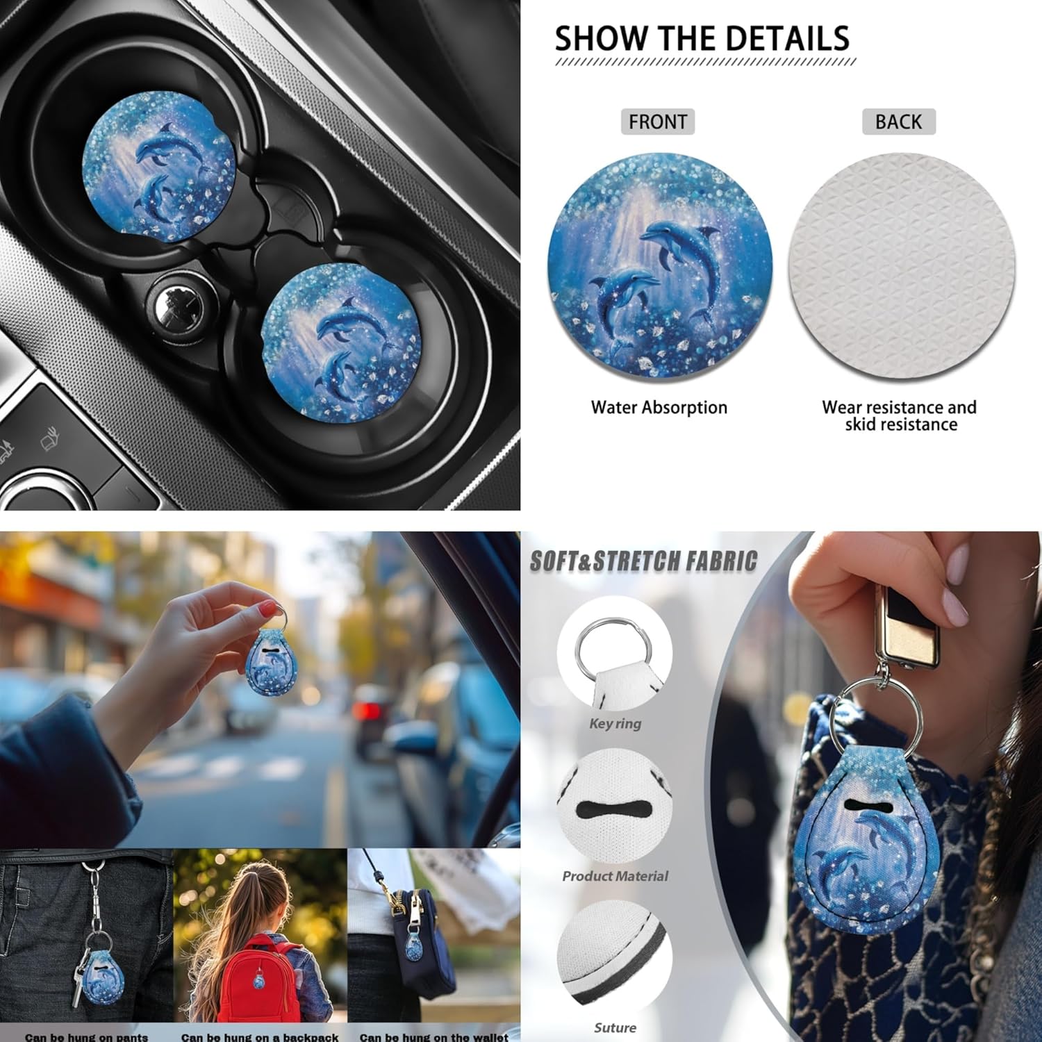 Cute Dolphin Car Seat Cover Full Set of 13 Steering Wheel Cover Seatbelt Pad Armrest Cover Cushion Coasters Key Chain for SUV Van Truck, Blue Automobile Accessory Decor Interior Sets