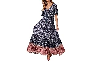 Women's Summer Casual Short Sleeve Cotton Midi Dresses in Floral Print