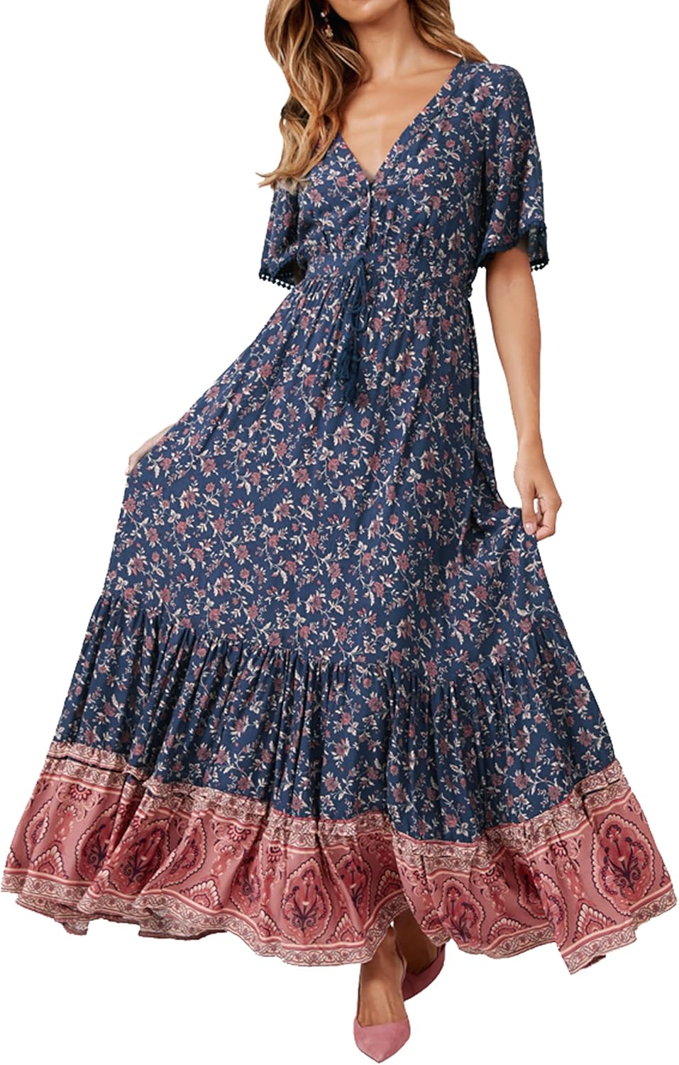 R.Vivimos Womens Summer Cotton Short Sleeve V Neck Floral Print Casual Bohemian Midi Dresses