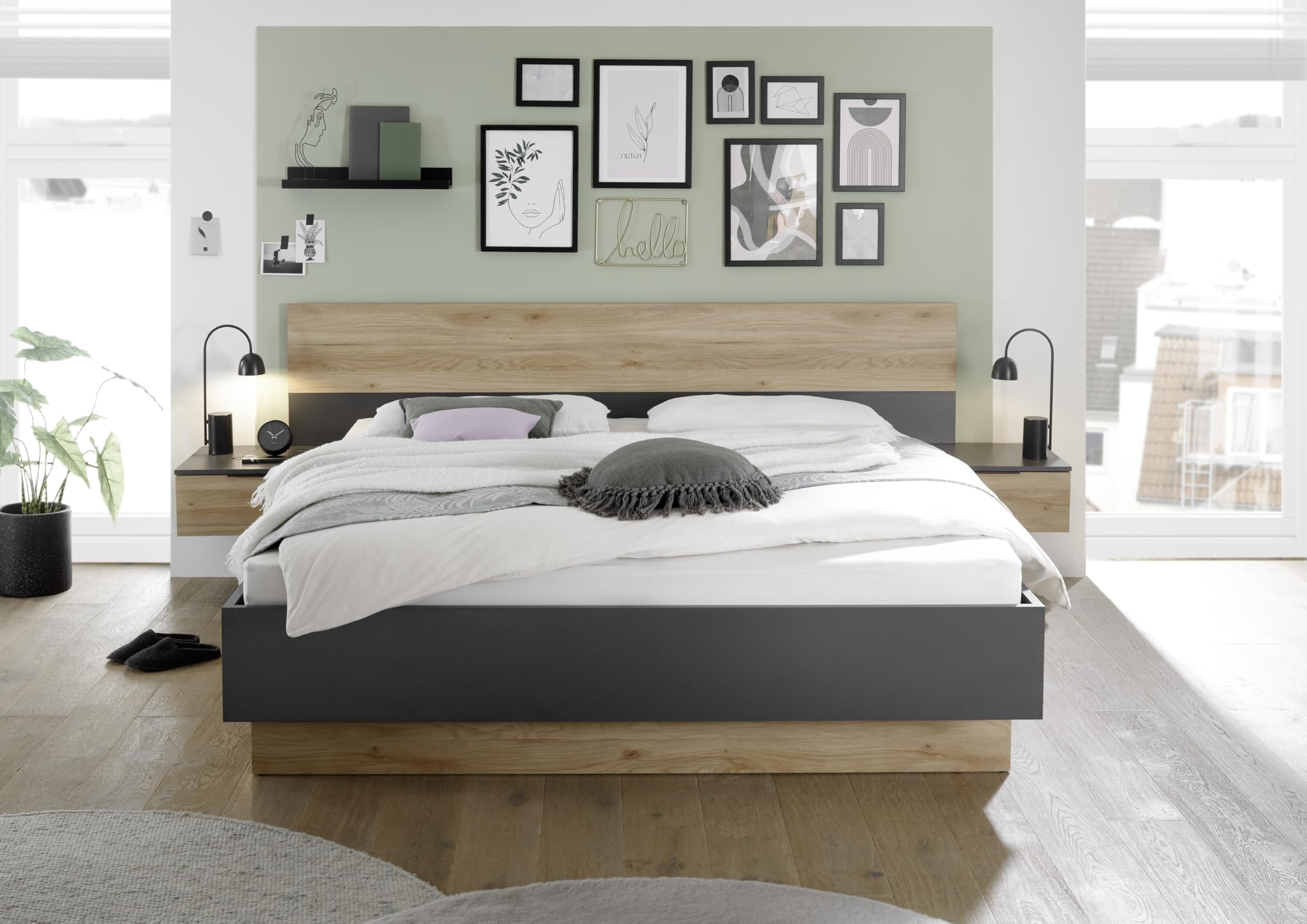 möbelando Bettanlage >Aska< Modernes Bett mit 2 Nachtkommoden, Stauraum, 180x200 cm Liegefläche, Graphit und Mauvella Eiche Dekor, Pflegeleichte Oberfläche, zerlegt geliefert, 285x95x205 (BxHxT)