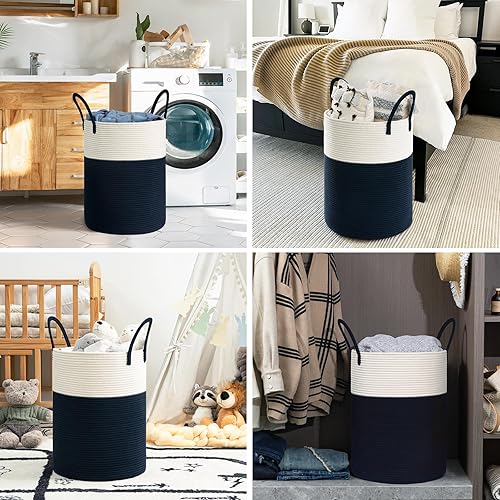 Miniatura 5 de Goodpick Cesta de lavandería para bebé, cesta de lavandería de cuerda de 60 litros para mantas, toalla, canasta alta para ropa sucia para sala de