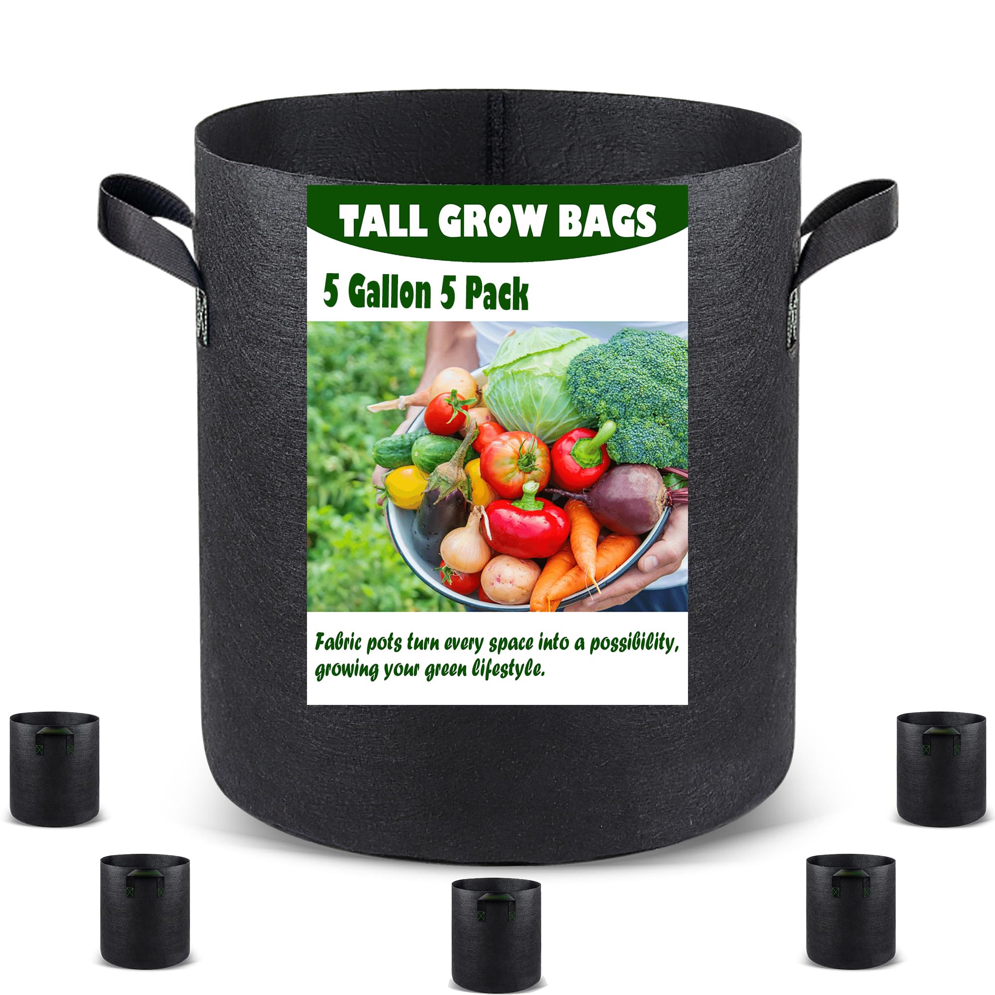 Juego de bolsas de cultivo - Paquete de 5 galones, 5 macetas de tela negra para plantar en interiores y exteriores, cultiva tus cultivos con facilidad