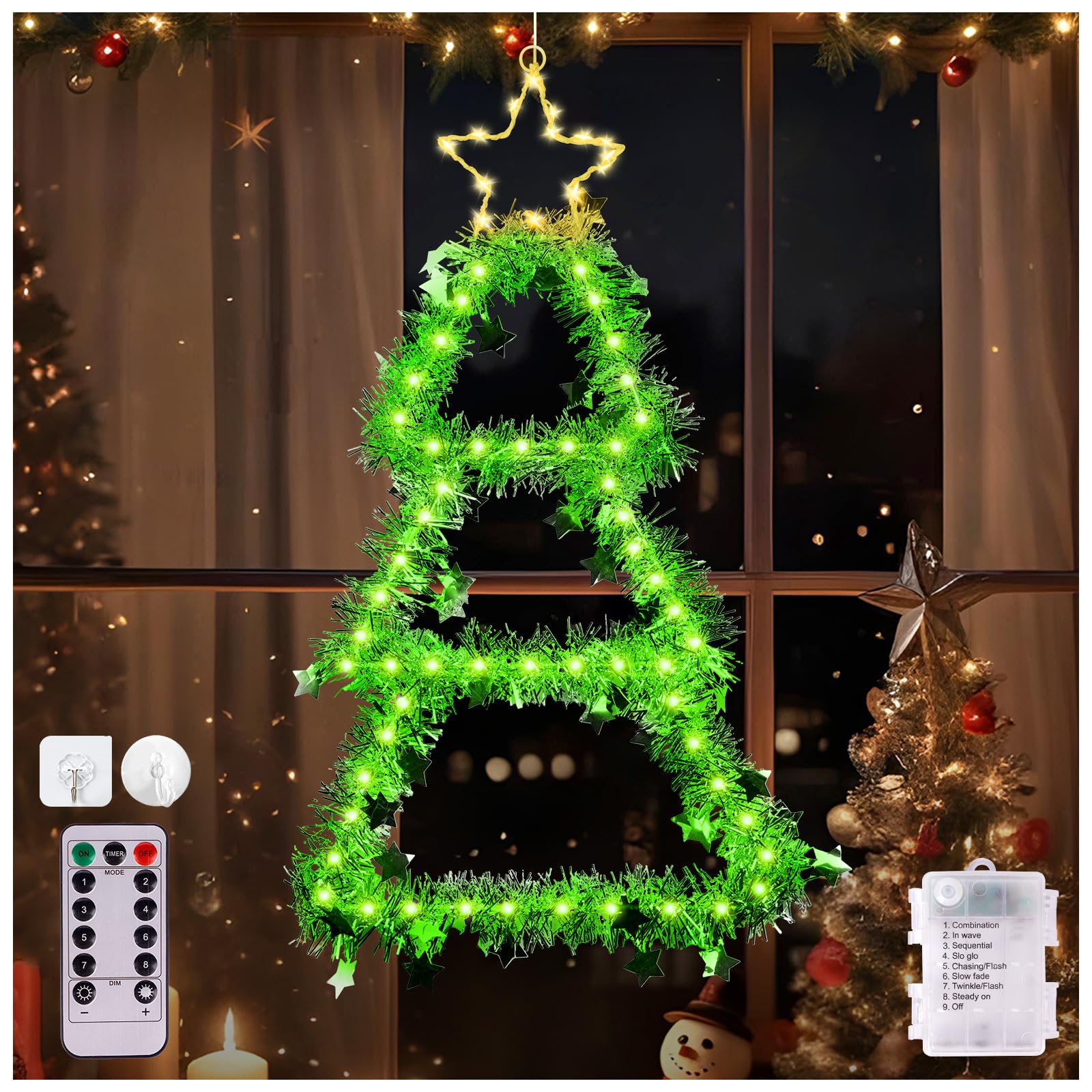 Christmas Window Lights, Christmas Tree Window Lights Battery Powered, 8 Modes Christmas Lights Indoor Outdoor with Timer, Remote Control Window Hanging Christmas Lights for Window Wall Xmas Tree