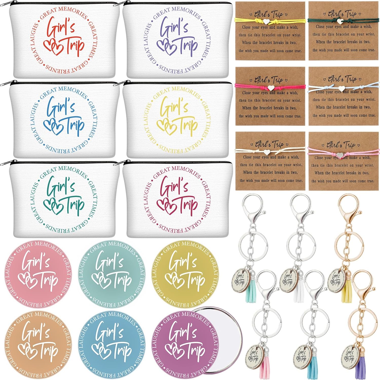 Liliaafar 24 Pcs Girls Trip Gift Favors 6 Makeup Bags 6 Keychains 6 Travel Mirrors 6 Getaway Bracelets Girls Weekend Cosmetic Pouch for Sisters Friends Bestie Bachelorette Party Supplies