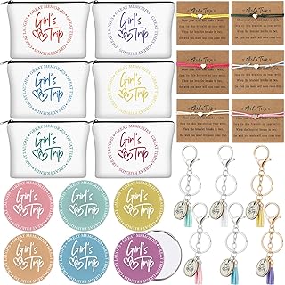 24 Pcs Girls Trip Gift Favors 6 Makeup Bags 6 Keychains 6 Travel Mirrors 6 Getaway Bracelets Girls Weekend Cosmetic Pouch for Sisters Friends Bestie Bachelorette Party Supplies