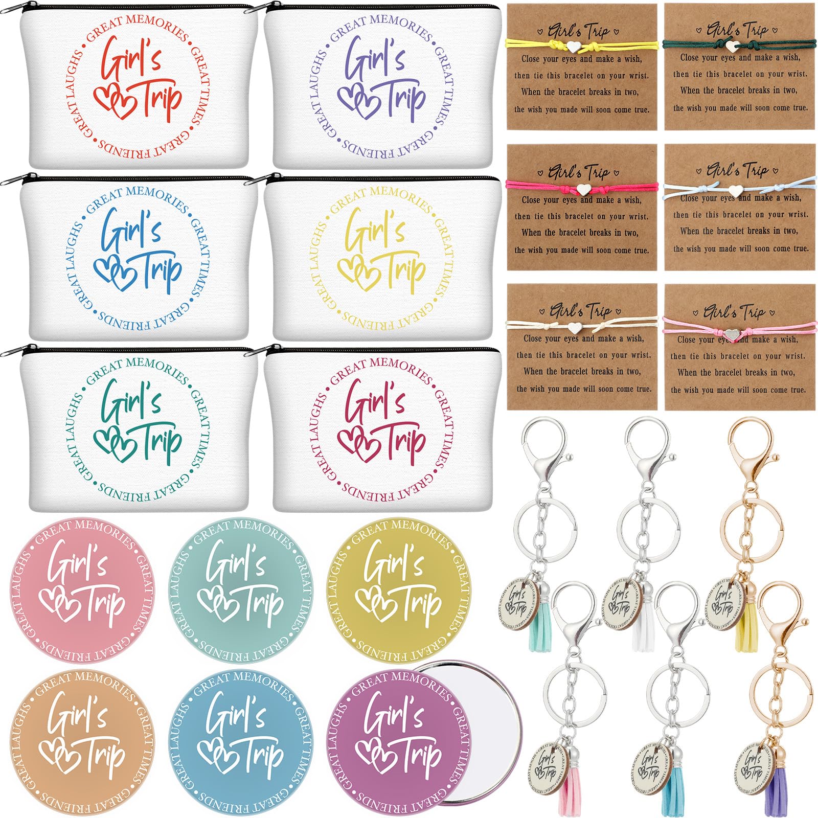 Liliaafar 24 Pcs Girls Trip Gift Favors 6 Makeup Bags 6 Keychains 6 Travel Mirrors 6 Getaway Bracelets Girls Weekend Cosmetic Pouch for Sisters Friends Bestie Bachelorette Party Supplies