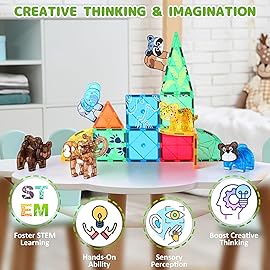Asago Magnetic Tiles Animals Jungle Gifts Building Sets,Toddler Toys for Kids Ages 4-8,Forest Montessori Magnet Tiles Set, Safari Zoo Animal Toys,STEM Construction Blocks for Toddlers 3-5