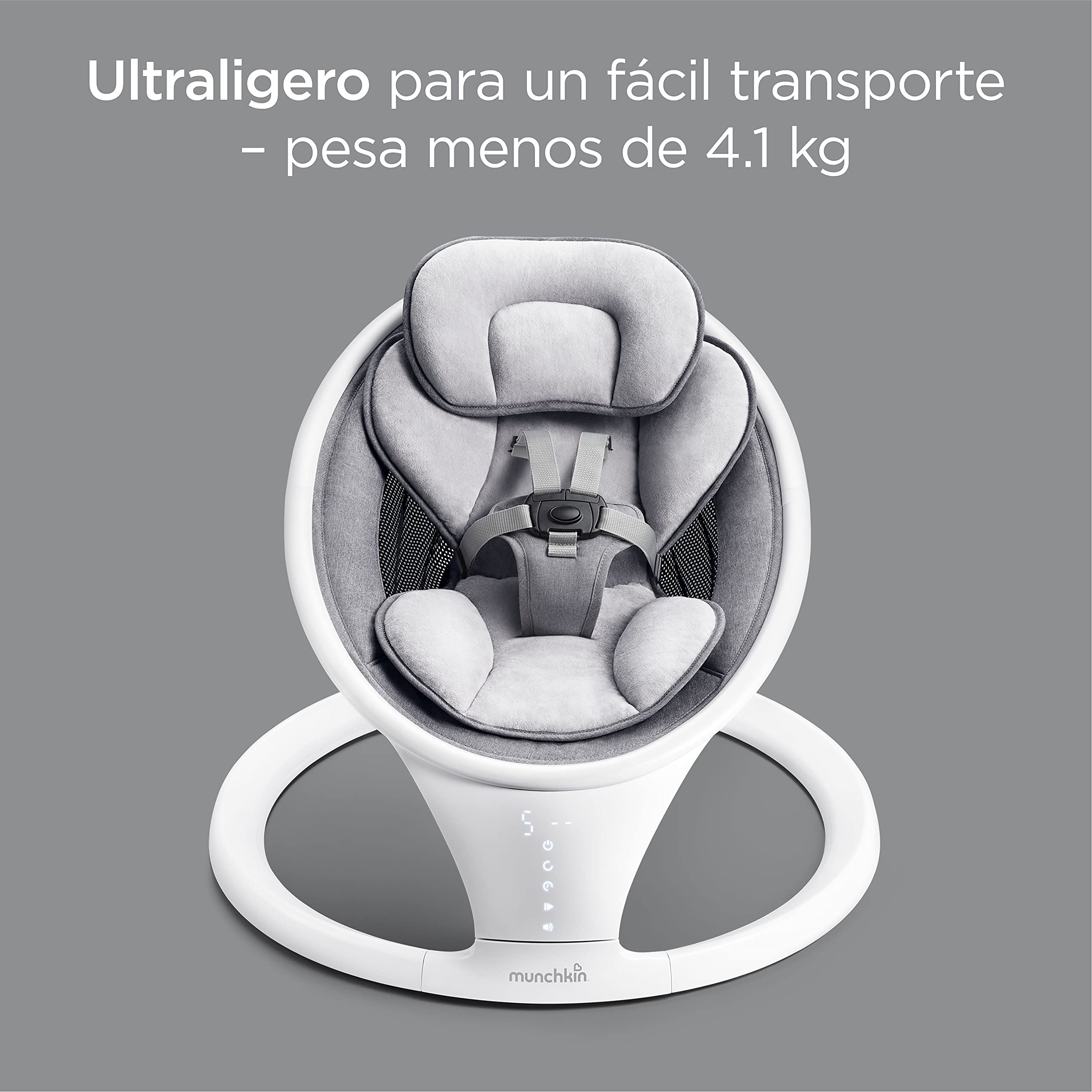 Munchkin Hamaca Eléctrica, Mecedora de Bebé y Recién Nacido con Bluetooth, Silla Portátil, con Movimiento y Sonidos, Gris/Blanco