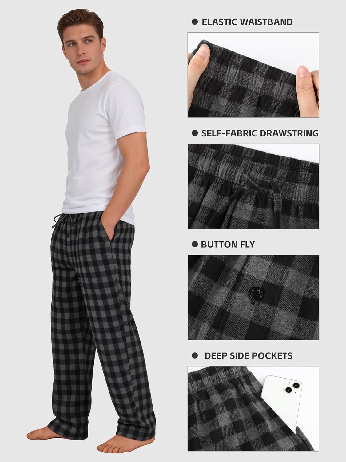 4 Pack Mens Pajama Pants Cotton Woven Plaid Pj Bottoms Lightweight Lounge Sleep Sleepwear with Pockets & Drawstring
