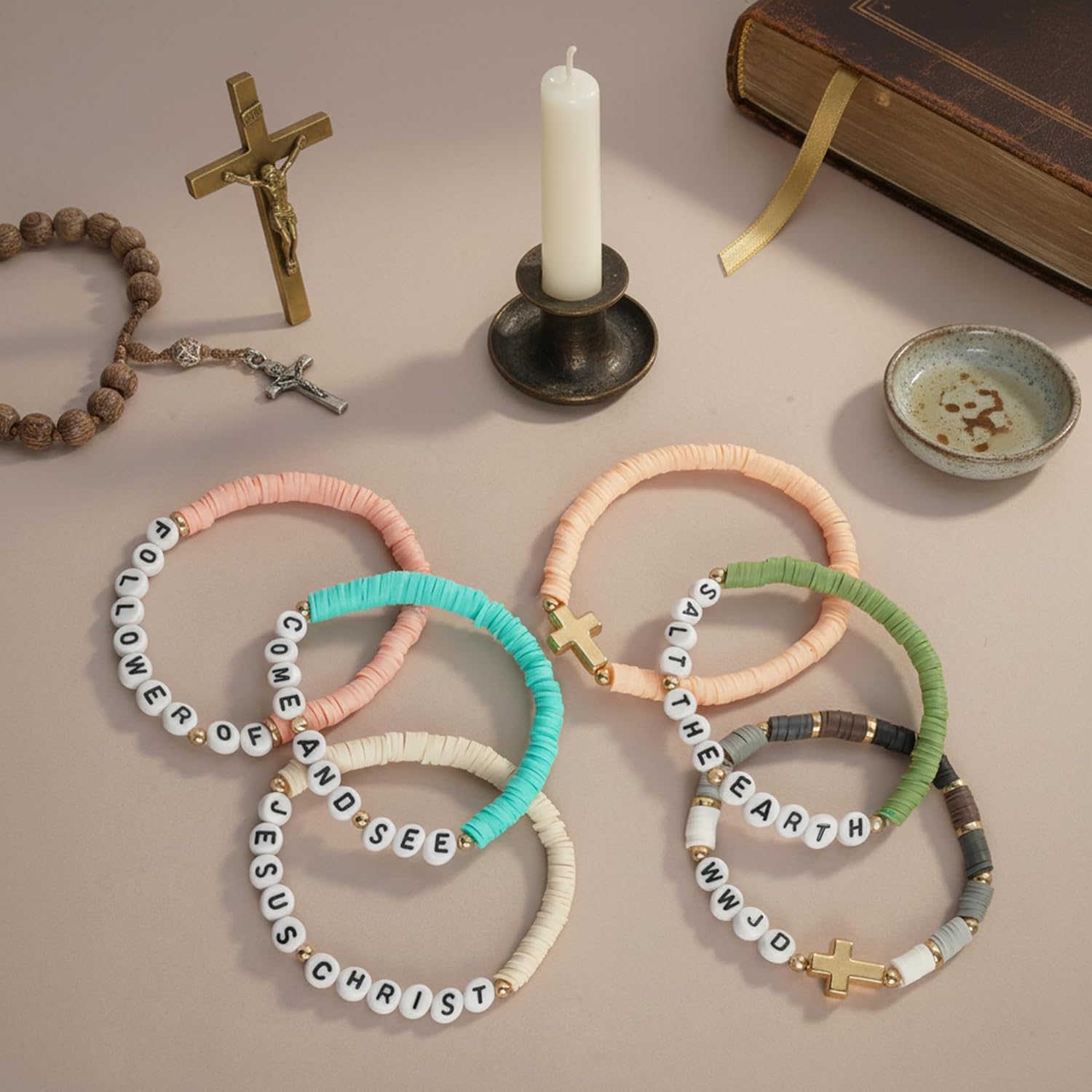 Jesus Faith Beaded Bracelet, Christians Clay Bracelets, Stretch Bracelets Elastic Layering Friendship Set Jewelry, Gift for Family, Friends, God Healing Charms for Christmas Birthday Holiday - Image 3