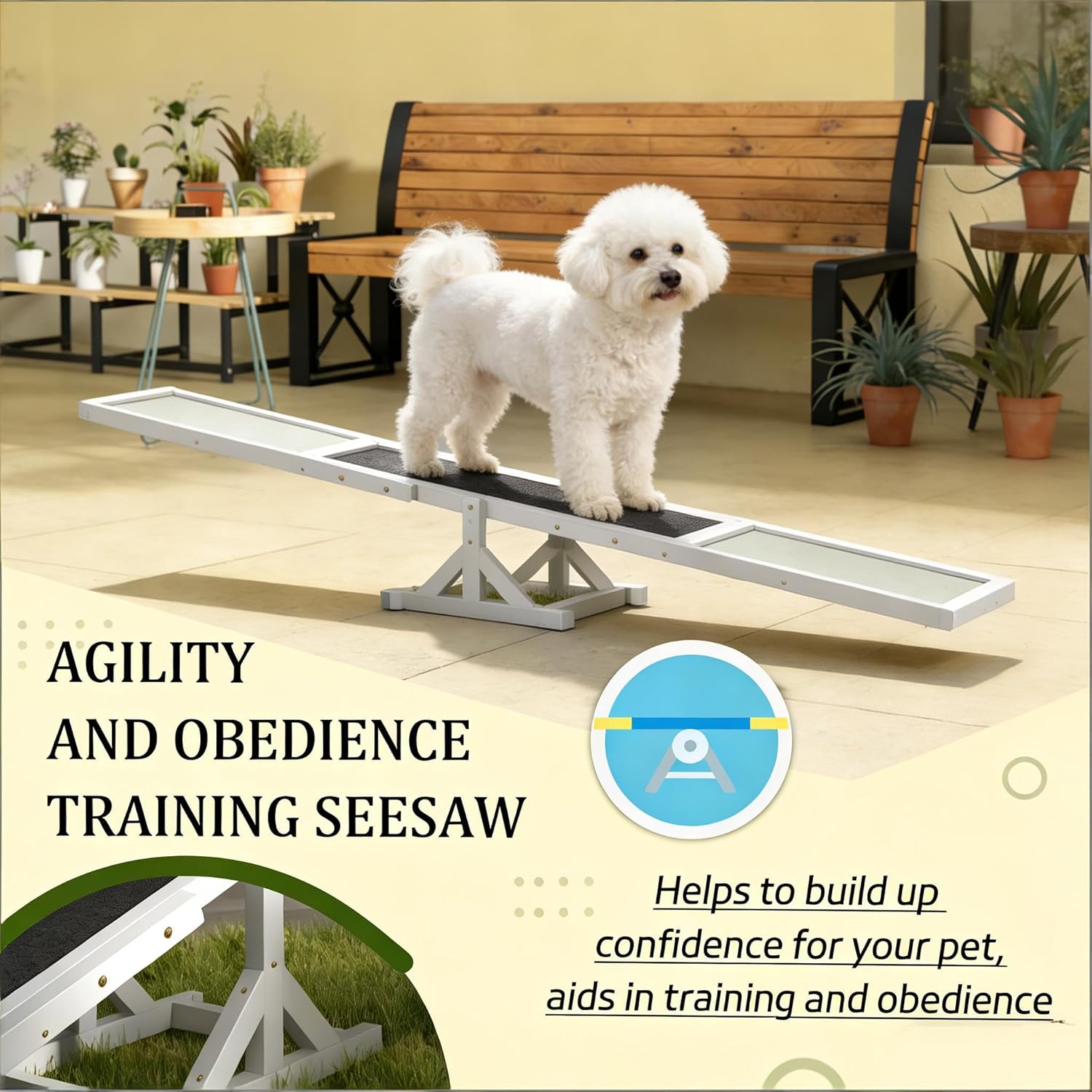 Wooden Agility Seesaw for Dogs, Pet Agility Seesaw, Adjustable Balance Training Equipment with Non-Slip Surface, for Puppy Obedience Practice and Outdoor Dog Sports