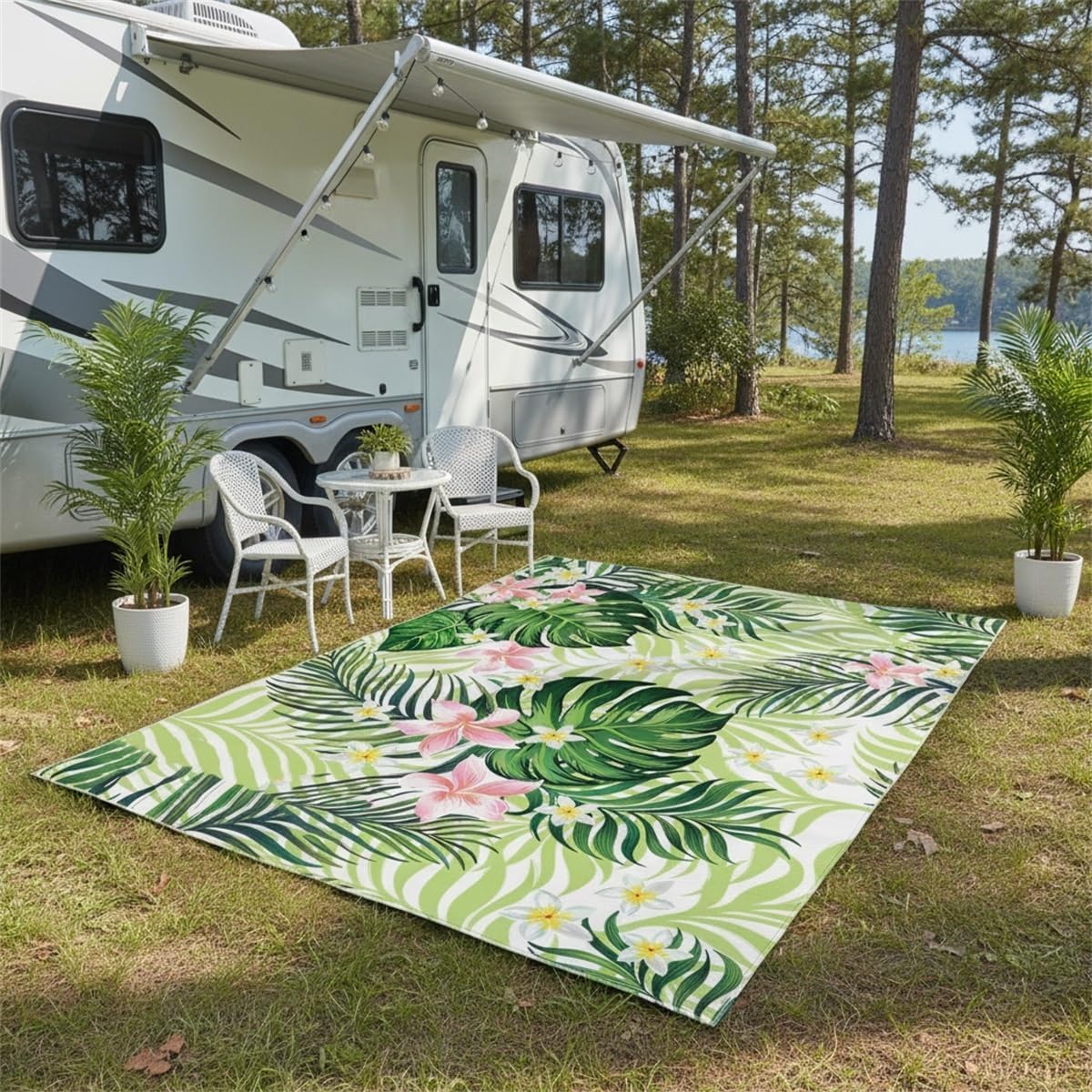 Green Pink Tropical Palm Monstera Leaves Floral Outdoor Rug for Patio Decl Backyard Balcony Porch Machine Washable Waterproof Outside Carpet RV Camping Kitchen Laundry Bathroom Floor Rug 3x5