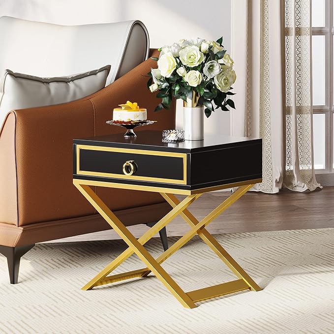 DWVO Modern Black Nightstand with Drawer Solid Wood Small Bedside Table Gold Metal Frame Fully Assembled End Table for Living Room Bedroom