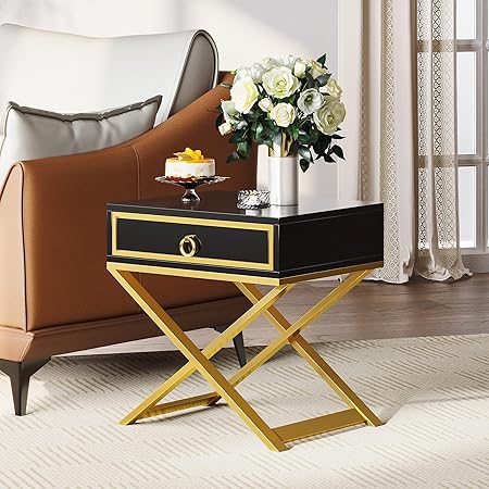 DWVO Modern Black Nightstand with Drawer Solid Wood Small Bedside Table Gold Metal Frame Fully Assembled End Table for Living Room Bedroom