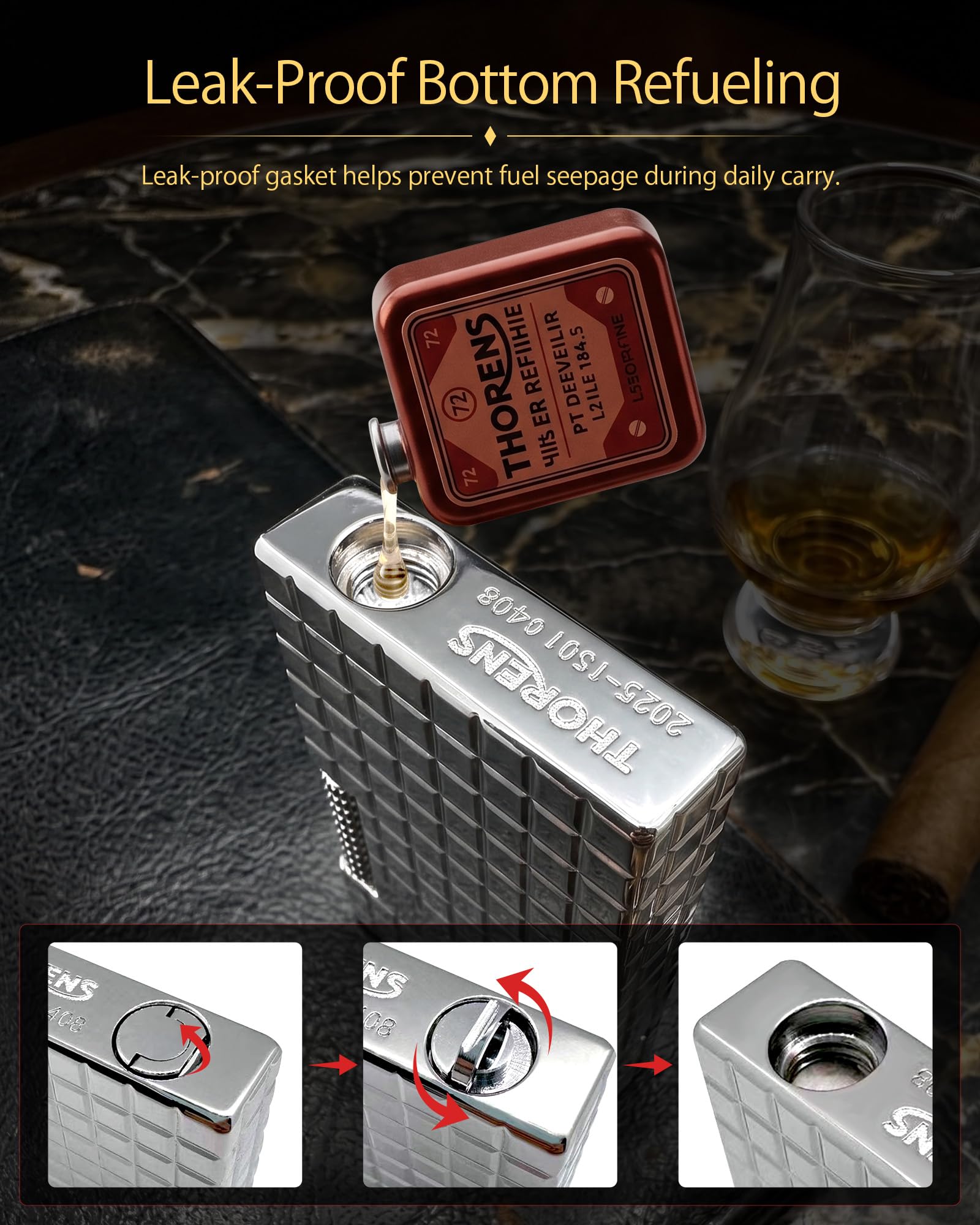 THORENS Crisp Sound - Argent Blocks Mechero de Gasolina y Latón | Side-slide, llama abierta, recargable, rueda de fricción, flip-top, clásico, vintage-retro, grabado, regalo de lujo hombre