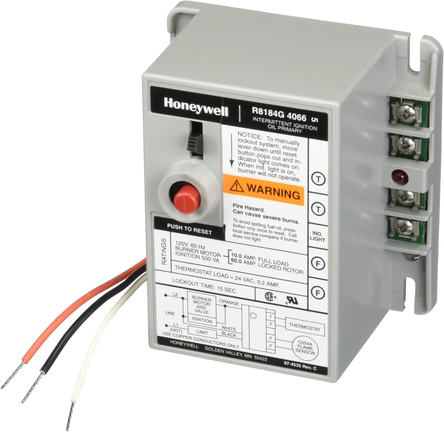 Honeywell R8184G-4066 Protectorelay Oil Burner Control with 15 s Safety Timing, Alarm Outputs and Manual Safety Switch