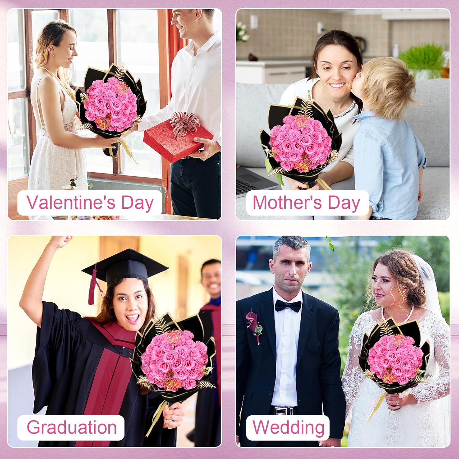 DIY Glitter Roses Bouquet 24Pcs - Hot Pink Artificial Glitter Rose with Stems Wrapping Paper 3D Butterflies Crowns for Graduations Anniversary Birthday Mother's Day, for Her - Image 4