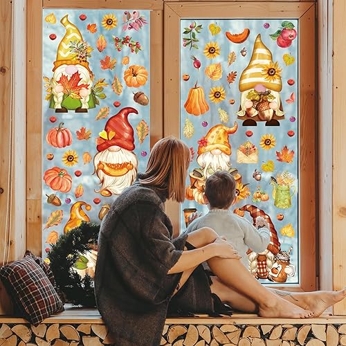 Miniatura 4 de AnyDesign 9 hojas de calcomanías de ventana de otoño de doble cara para acuarela, otoño, calabaza, hojas de arce, girasoles, calcomanías decorativas