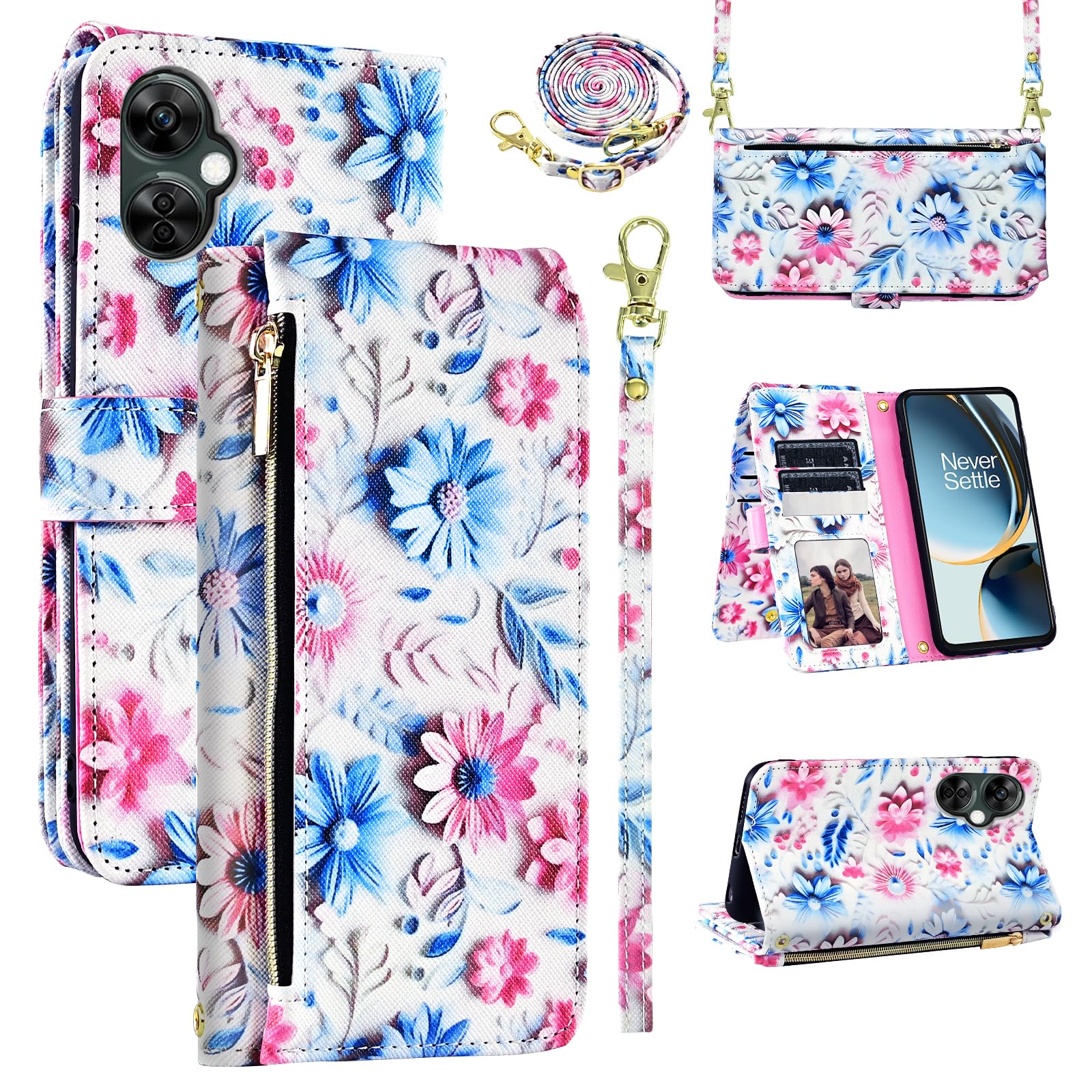 Zipper Floral Wallet Case for OnePlus Nord N30 5G/CE 3 Lite Women Men Pink | Wrist Strap Shoulder Strap, PU Leather Flip Purse, Stand, Card Holder,