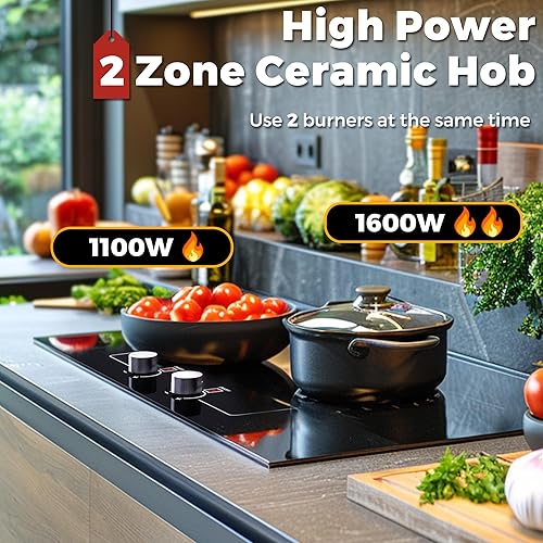 Miniatura 2 de ADVWIN Placa de cocina eléctrica, perilla de control de 2 quemadores, enchufe en estufa eléctrica de cerámica integrada con bloqueo de seguridad