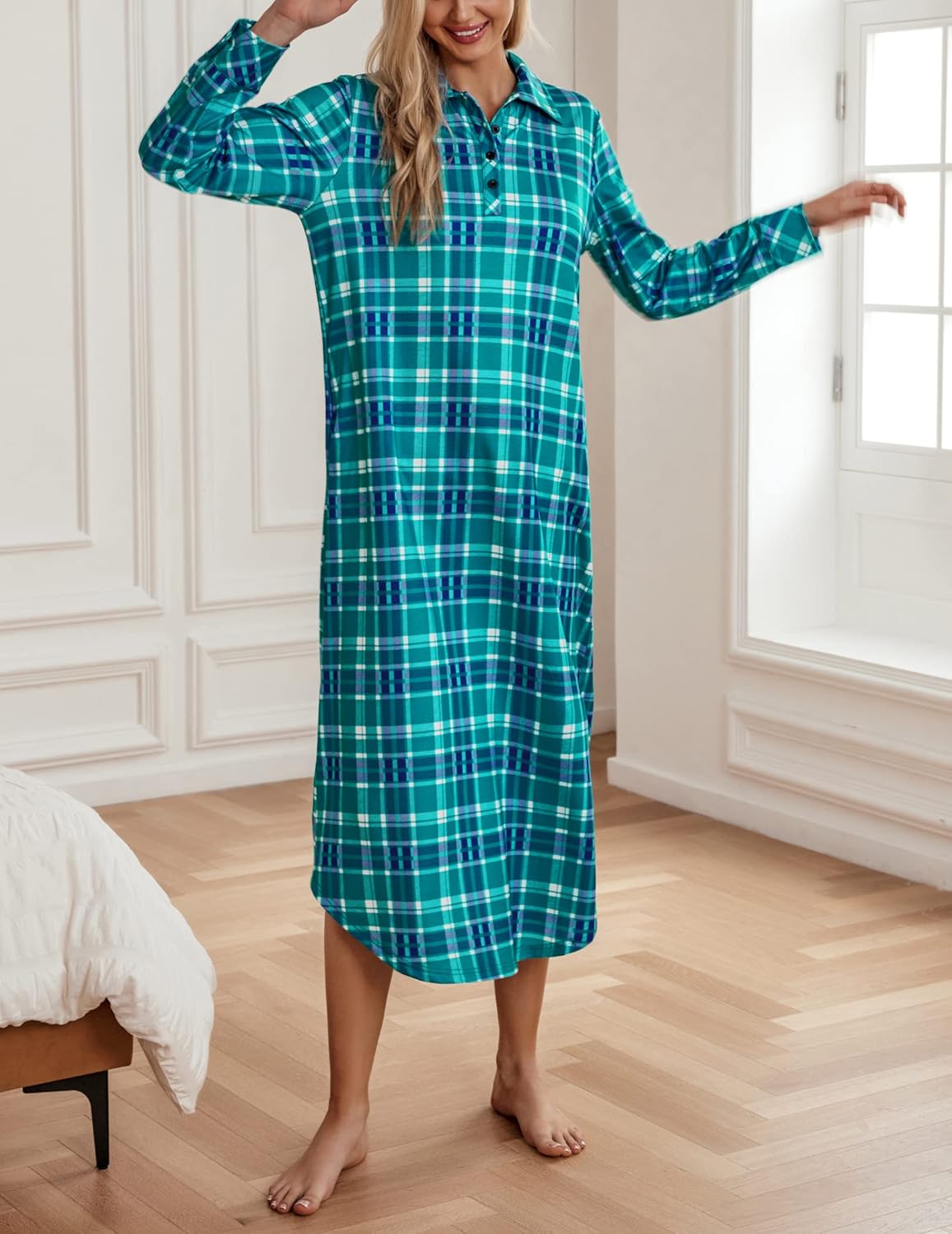 Ekouaer Women's Nightgown Long Sleeve Nightshirt Full Length Loungewear Plaid Sleepwear With Pockets - Image 2