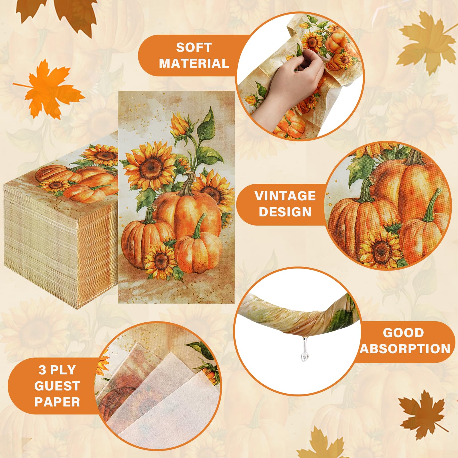 Homlouue 100 servilletas de Acción de Gracias de 3 Capas, servilletas de Papel Desechables de otoño para Cosecha de Acción de Gracias, Fiesta de otoño, Calabaza y Girasol, Toallas de Papel para