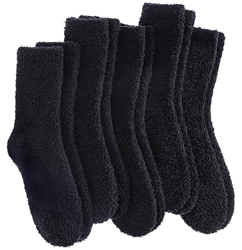 SDBING Fuzzy Socks for Women Soft Fluffy Home Sleeping Socks Cozy Warm Slipper Socks 6 or 5 Pairs - 5 Pairs Black