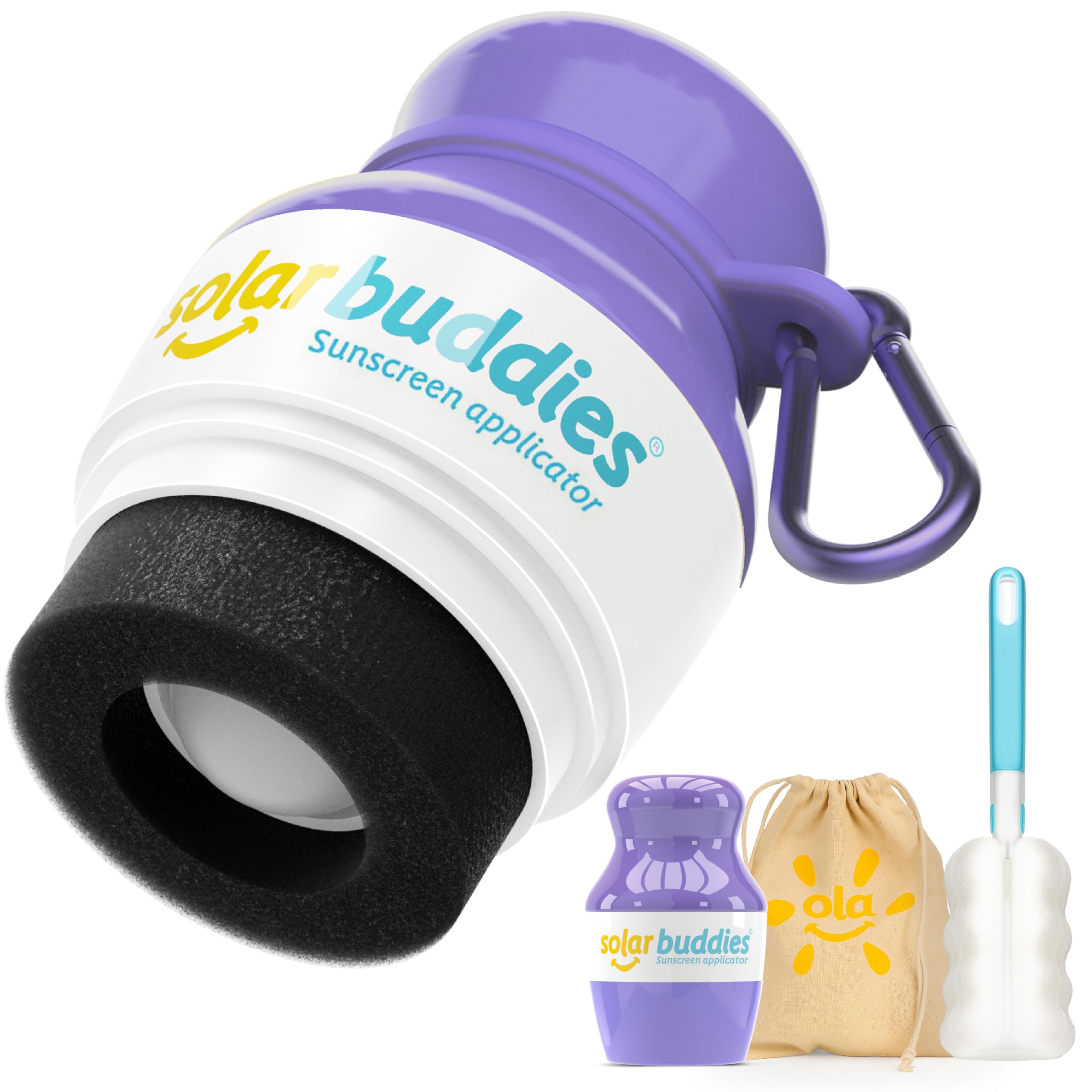 Solar Buddies Grab & Go Travel Bundle, Carabina Clip & Cleaning Brush - Single Full Purple - Refillable Roll on Sponge Sunscreen, Suncream & Lotion