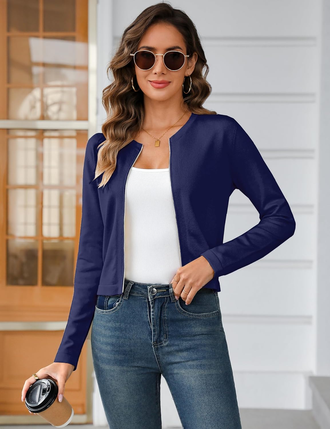 Totatuit Womens Long Sleeve Knitted Zip-Up Cardigan Sweaters Lightweight Crew Neck Cropped Shrug Fall Sweatshirts Jacket - Image 3