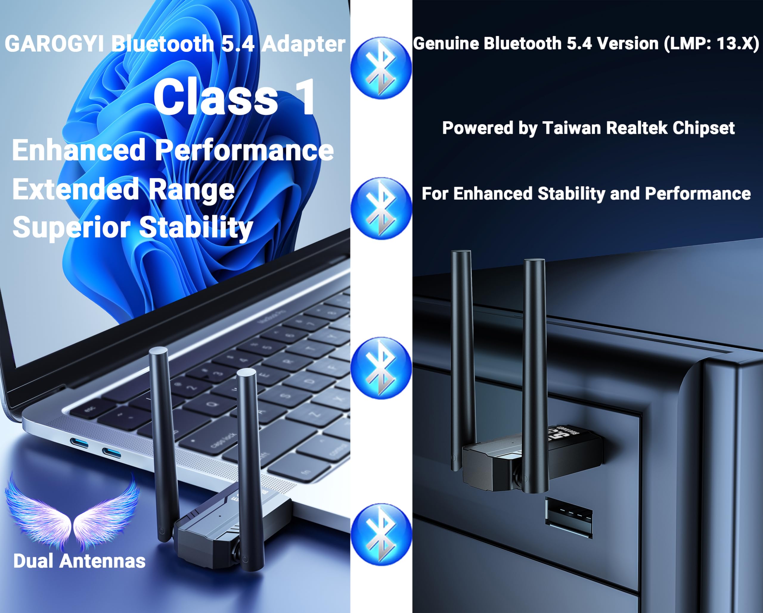 GAROGYI Bluetooth 5.4 USB Adapter Pro Max Ultra Long Range with Dual Antennas for PC Supports Windows 11/10/8.1/7, Plug&Play for Windows 11/10, 5.4+EDR for PC,Laptop,Keyboard,Mouse,Headsets,Speakers