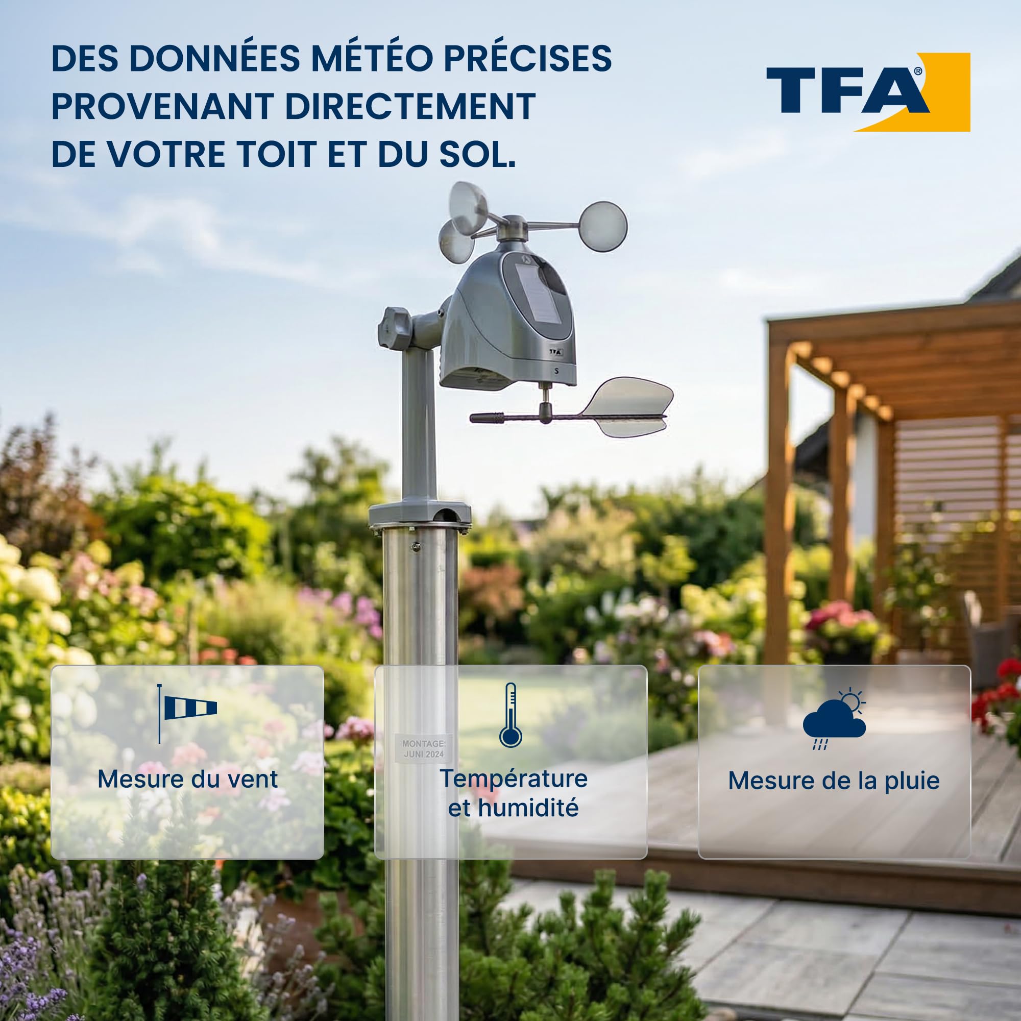 TFA Dostmann Weather Pro Station météo sans fil, 35.1161.01, avec anémomètre, pluviomètre, capteur extérieur, prévisions météo avec symboles, température int./ext., numérique, noir